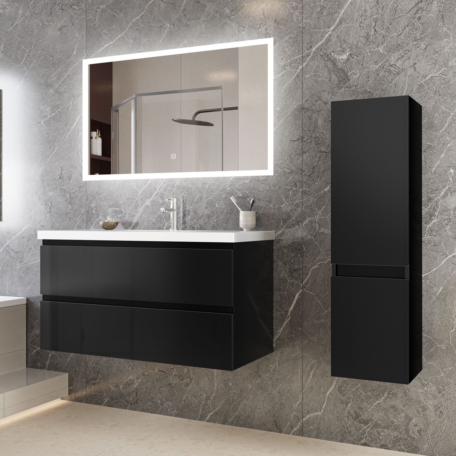 duschspa Waschtisch Badmöbel Set Раковины mit Unterschrank MDF, Hochglanz, Softclose, mit Überlauf