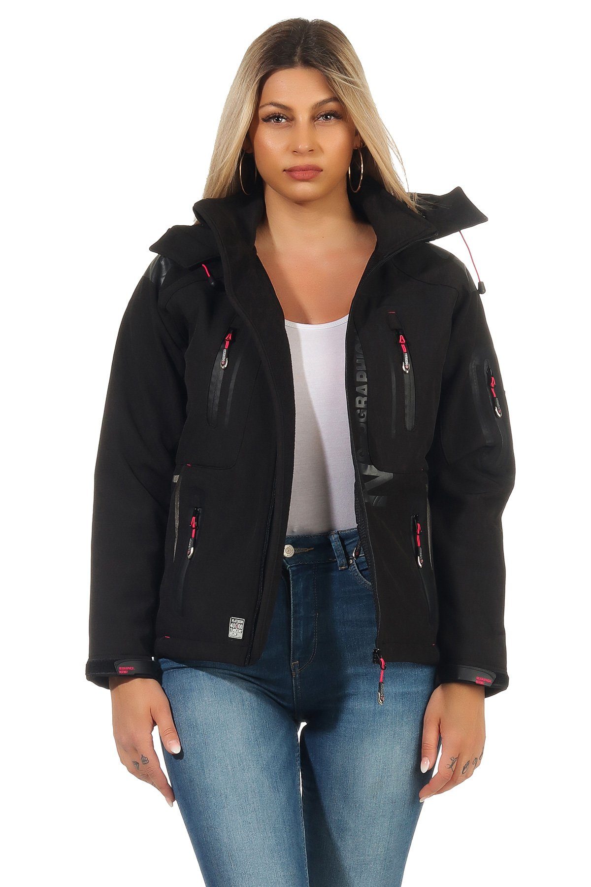 Geographical Norway Softshelljacke Geographical Norway Damen Softshell Outdoor Wander Sport Jacke in Unifarbe, mit abnehmbarer Kapuze, mit Stehkragen