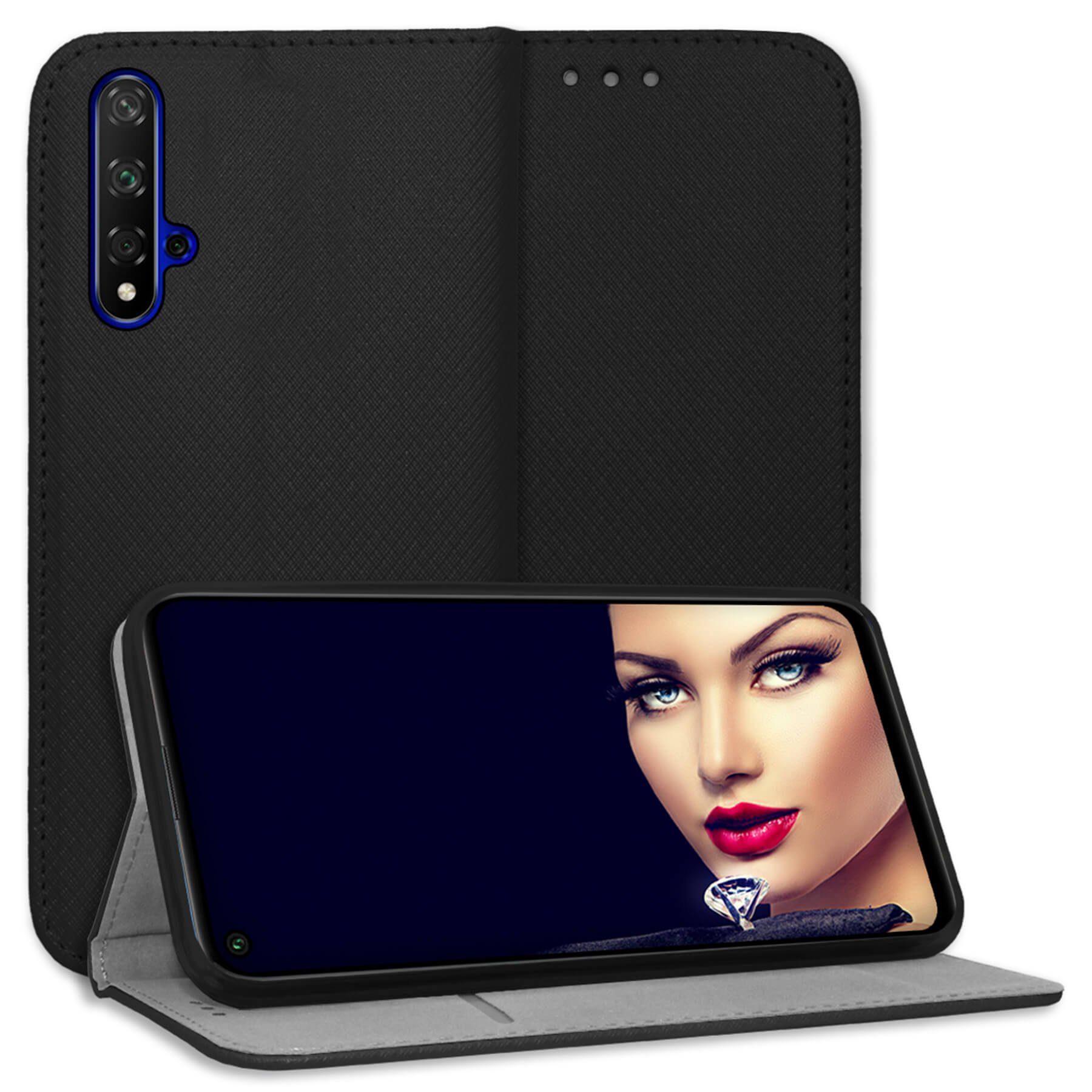 mtb more energy Smartphone-Hülle Smart Magnet für Honor 20, Huawei nova 5T, Schwarz, Bookstyle Klapphülle Cover Wallet Case aus Kunstleder