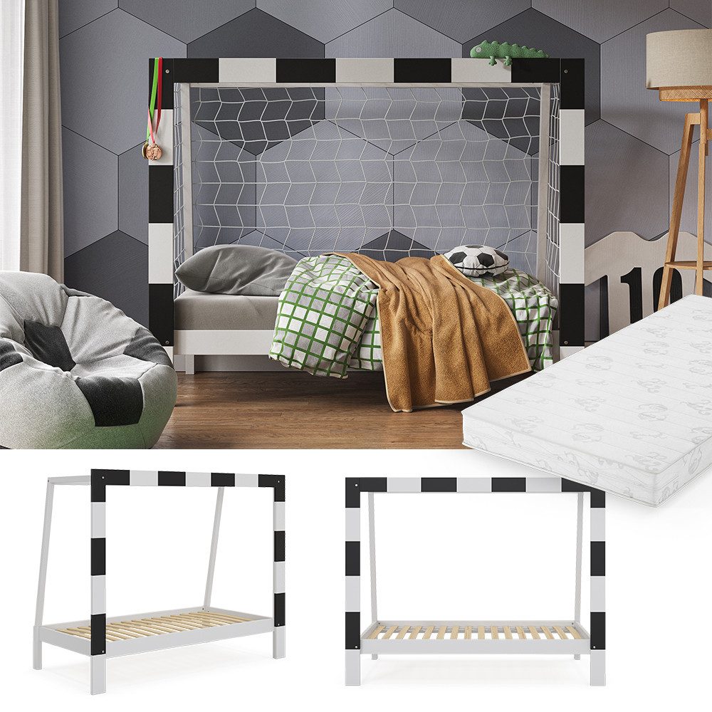 VitaliSpa® Kinderbett Fußballtor, Weiß/Schwarz, 80x160 cm mit Matratze günstig online kaufen