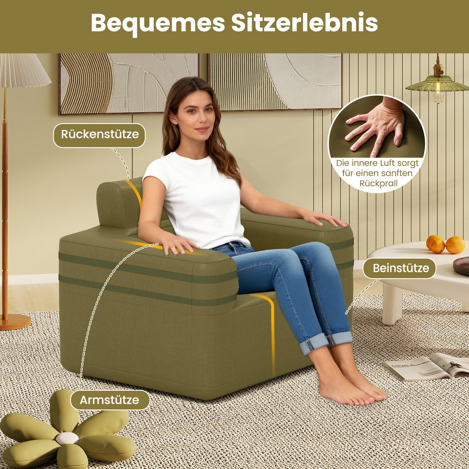 COSTWAY Luftsofa, Aufblasbarer Sofa tragbar mit integrierter Luftpumpe