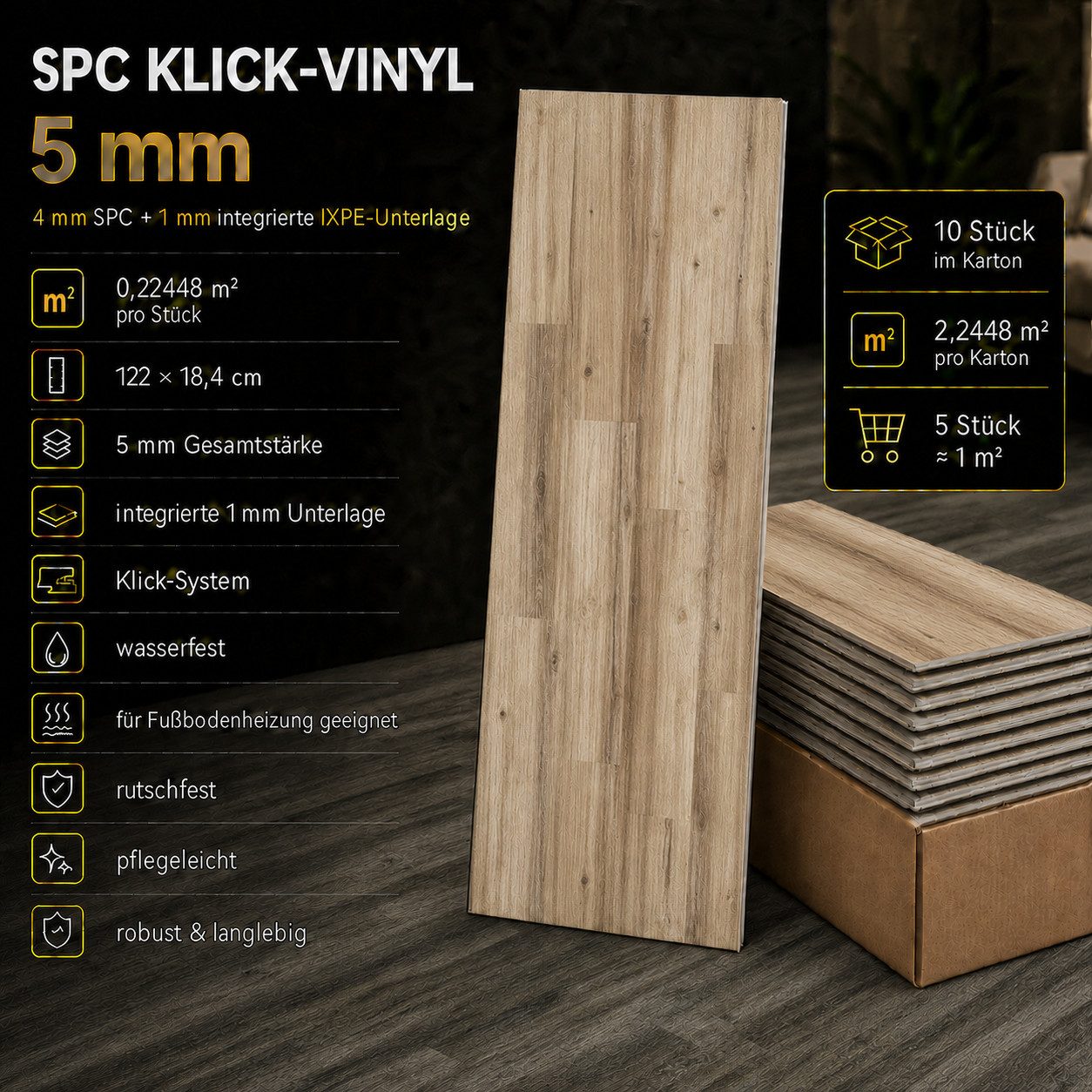 Berti Graf Designboden SPC Vinylboden 5 mm Klick wasserfest mit Trittschalldämmung, kleberfrei, mit Trittschalldämmung, wasserfest, pflegeleicht