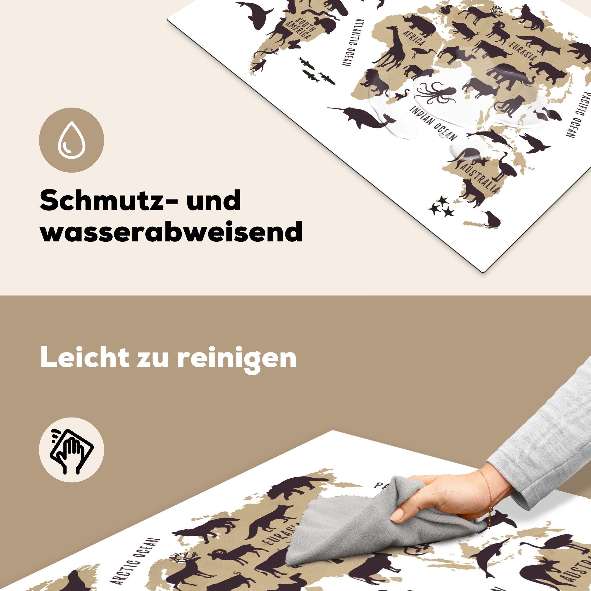 MuchoWow Herdblende-/Abdeckplatte Weltkarte Induktionskochfeld Braun (1 für Schutz - küche, Vinyl, Tiere, cm, 81x52 die - tlg), Ceranfeldabdeckung