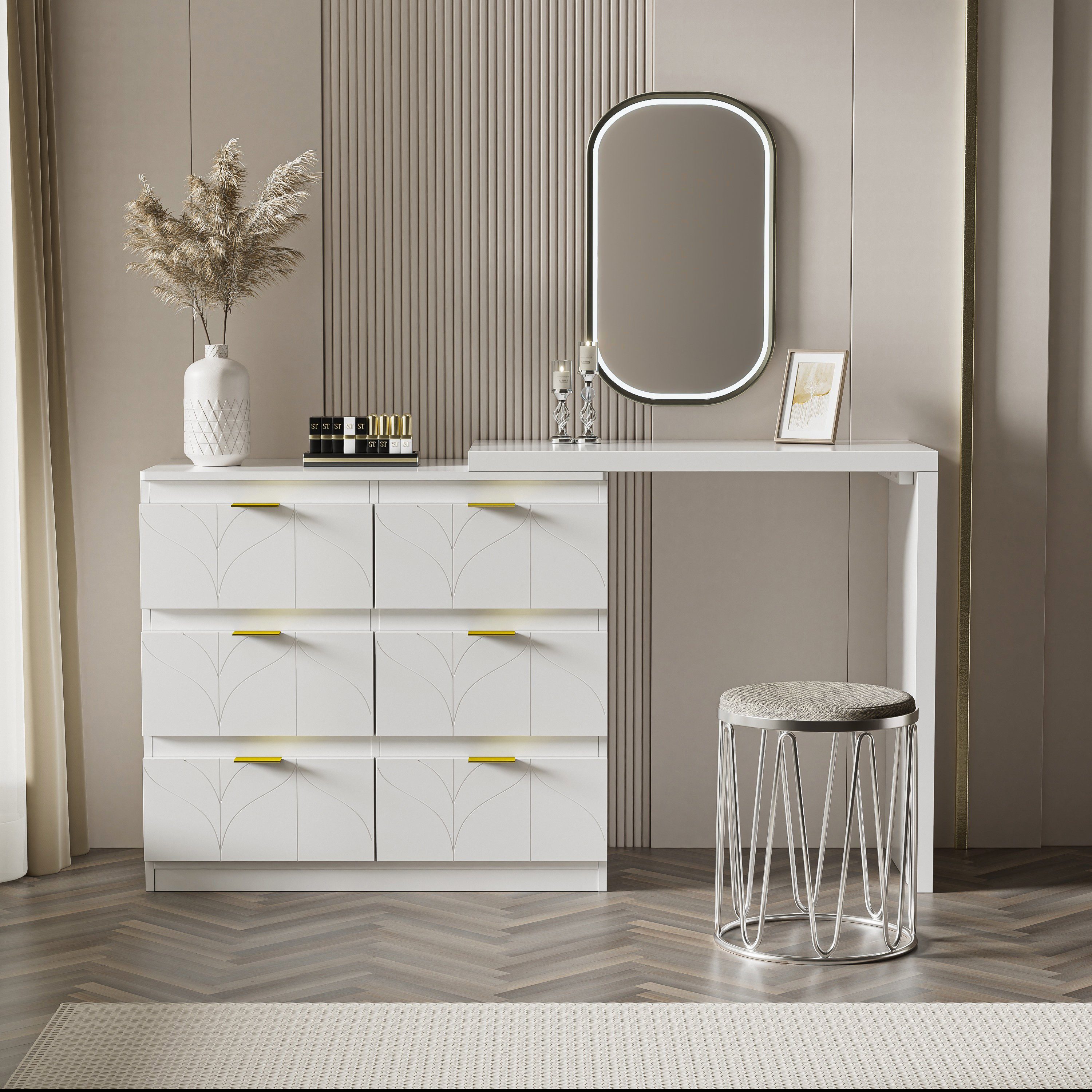 Weiß Odikalo Tischplatte drehbare Beistelltisch Schubladen 180° Schminktisch Spiegel ohne 6