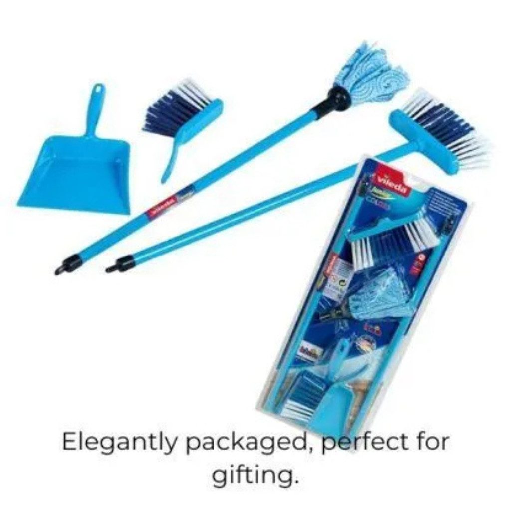 Vileda Wischmopp Vileda 6796 Kinder-Putzset Wischmoppset blau, 4 St., (Set), Mit integrierter Besenhalterung und Aufhängeöse