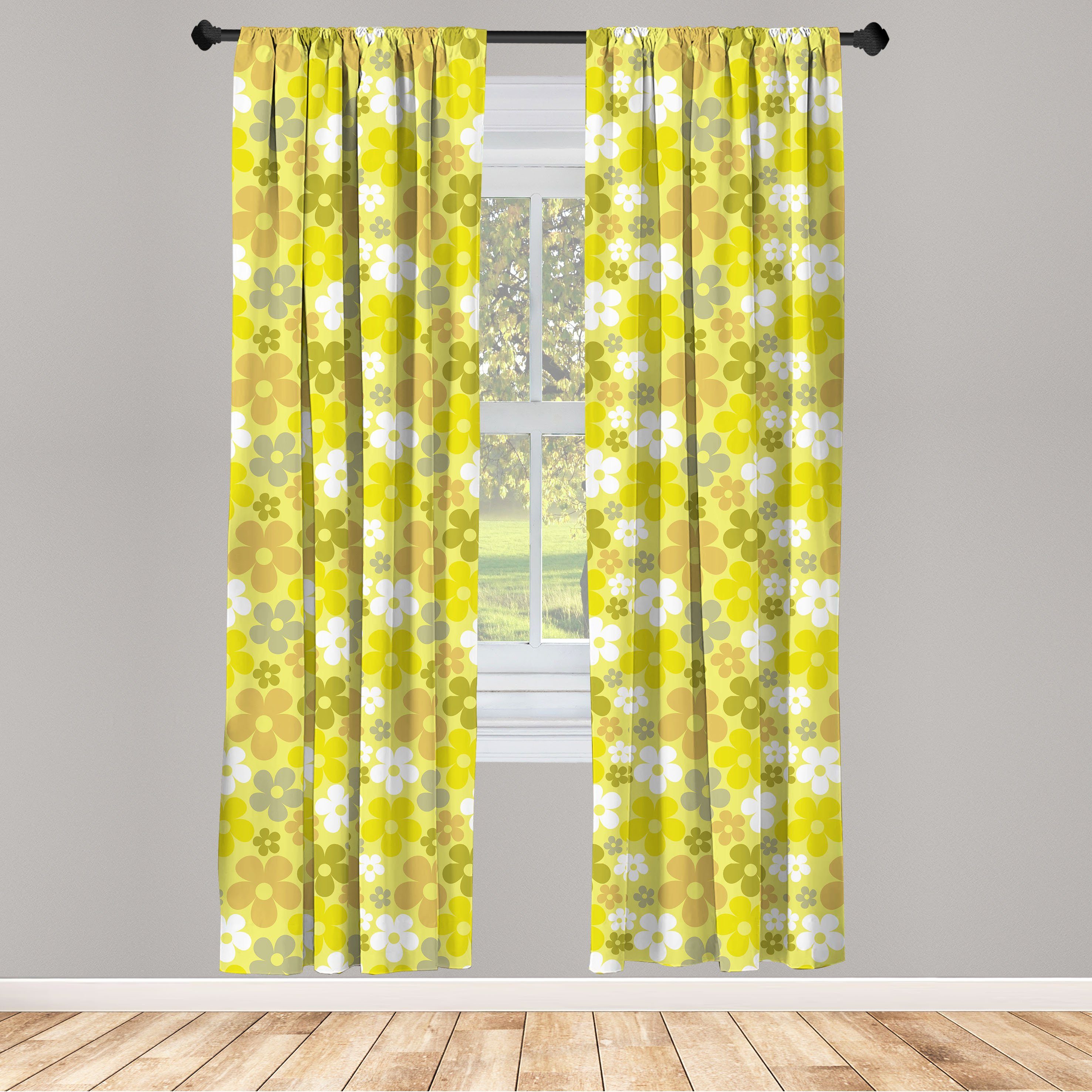 Gardine Vorhang für Wohnzimmer Schlafzimmer Microfaser, Blick Vivid 90ern grau Gelb Blumen Dekor, Abakuhaus