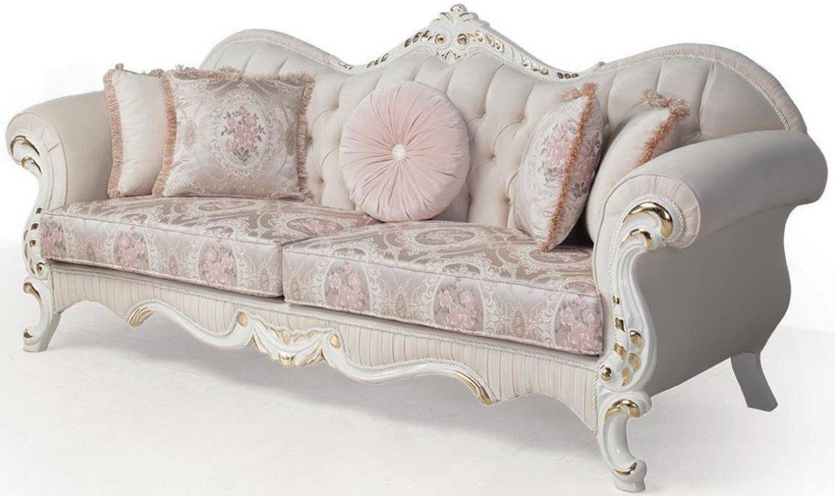 Casa Padrino Sofa Luxus Barock Sofa Rosa / Weiß / Gold 237 x 90 x H. 99 cm - Wohnzimmer Couch mit dekorativen Kissen - Barockmöbel