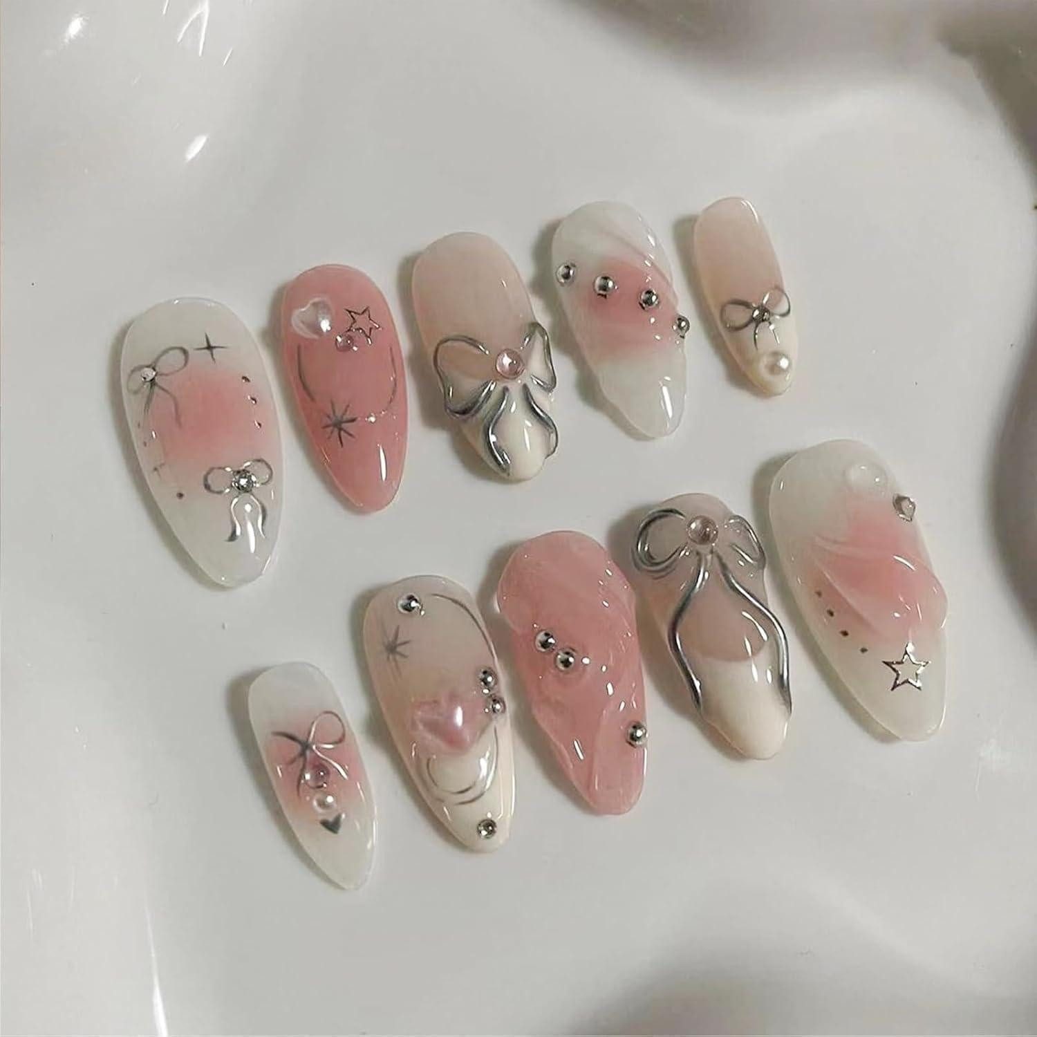 LuxusKollektion Искусственные ногти 24er Set Rosa Acryl Falsche Nägel mit 3D Schleife Perlen Design