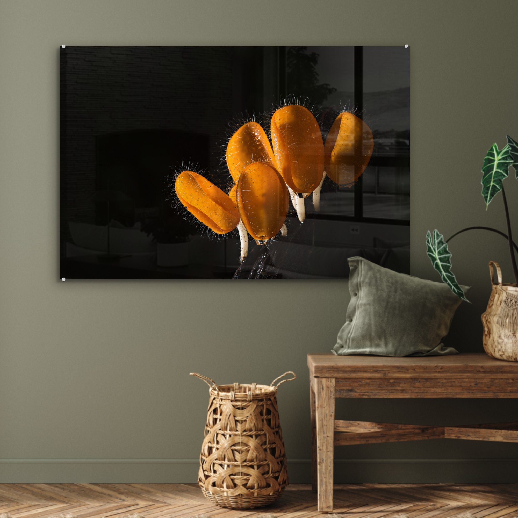 MuchoWow Acrylglasbild Pilze Schlafzimmer Orangefarbene Dunkeln, St), Wohnzimmer (1 im Acrylglasbilder &