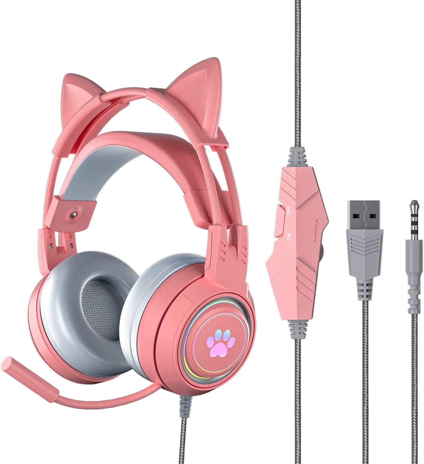 MOPUEA Gaming Headset mit Katzenohren & Mikrofon RGB Licht 3D Surround Sound Gaming-Headset (360° Mikrofon RGB Licht und weicher Komfort Kopfbügel)