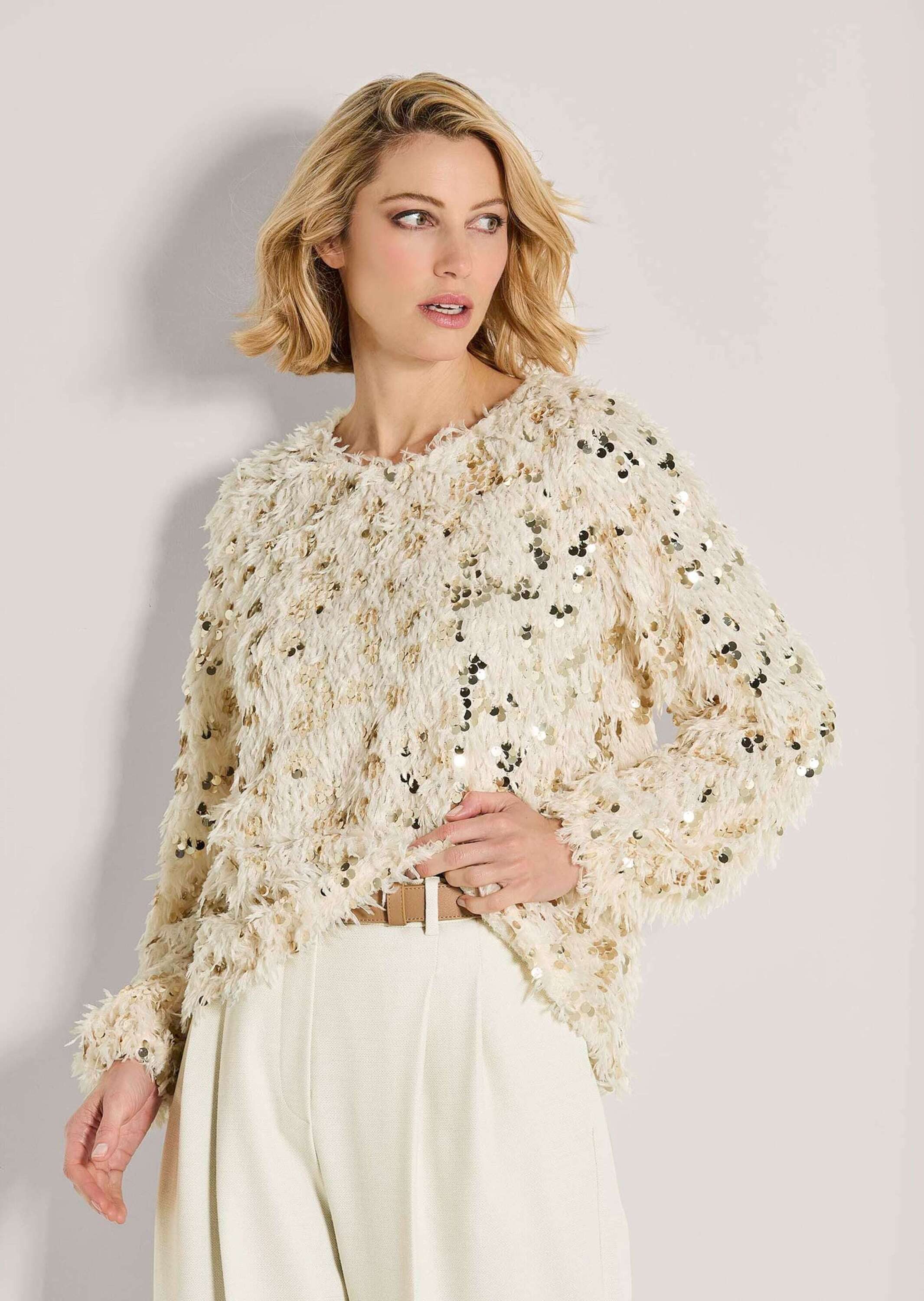 MADELEINE Langarmshirt Glitzersweatshirt mit Federn Funkelndes Design mit R günstig online kaufen