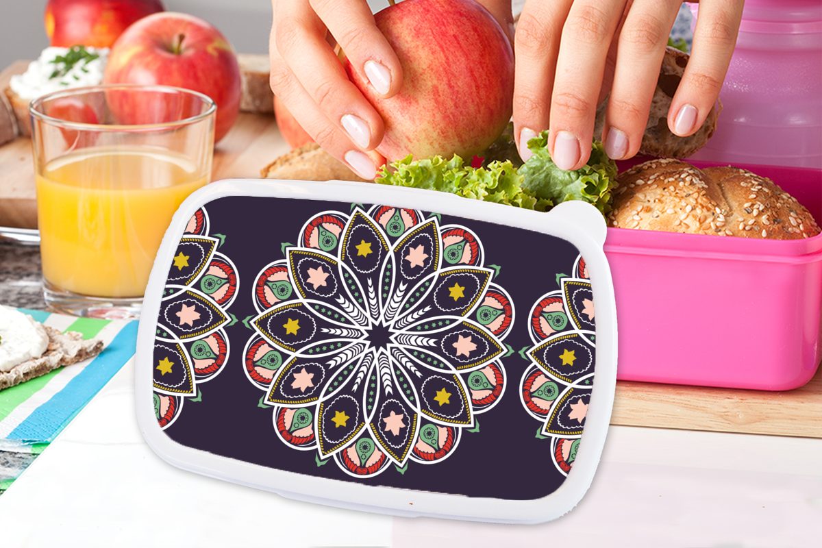 MuchoWow Lunchbox Mandala - Kunststoff rosa Mädchen, Brotdose für Brotbox Stern Entwurf, Erwachsene, Kunststoff, Kinder, Snackbox, (2-tlg), 