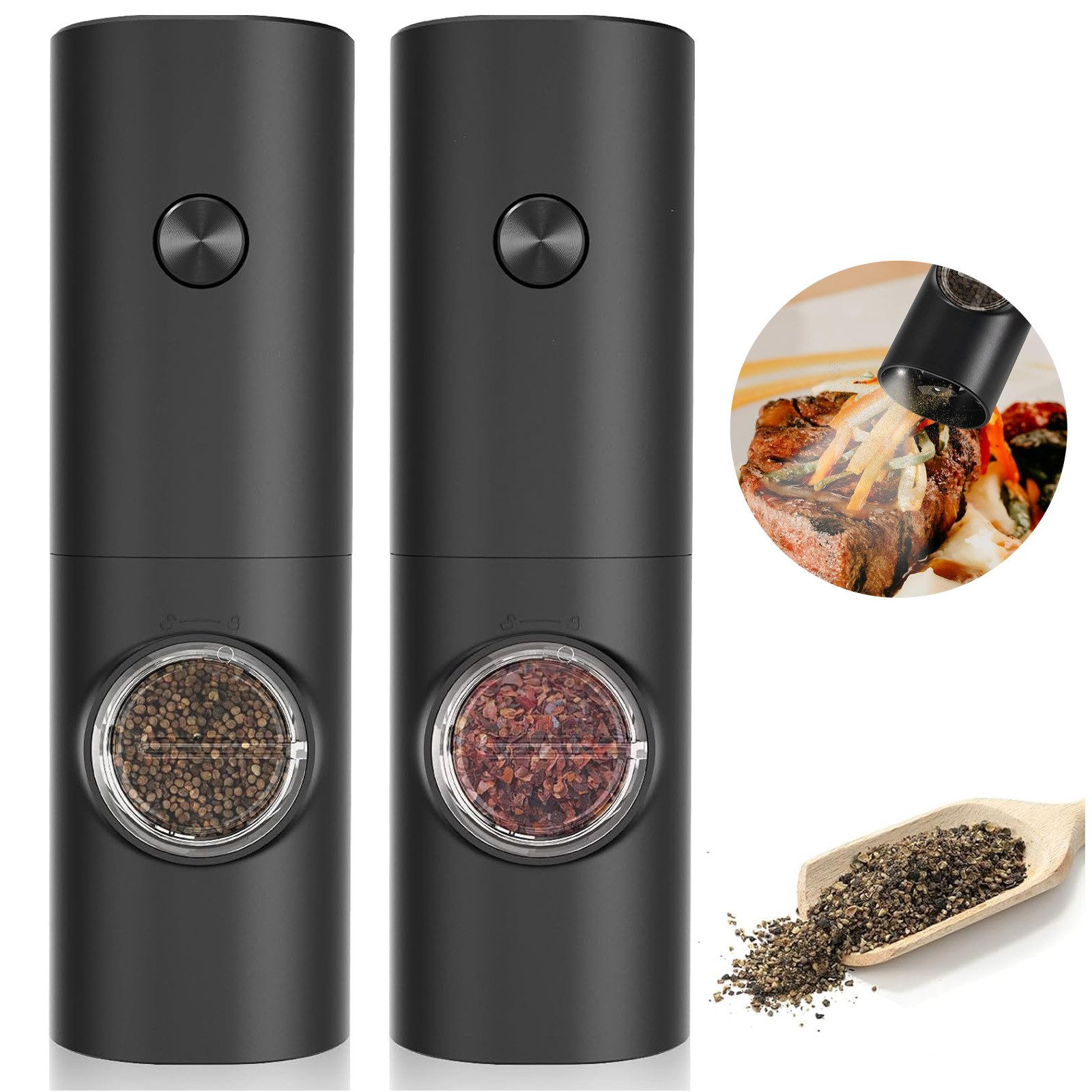 MODFU Salz-/Pfeffermühle 2er Elektrische automatisch Млини для спецій Set Profi Pfeffermühle 4 AAA-Batterien (Batterie nicht enthalten), mit 5 Grobstufen Verstellbar LED-Licht BBQ Küche Batteriebetrieben