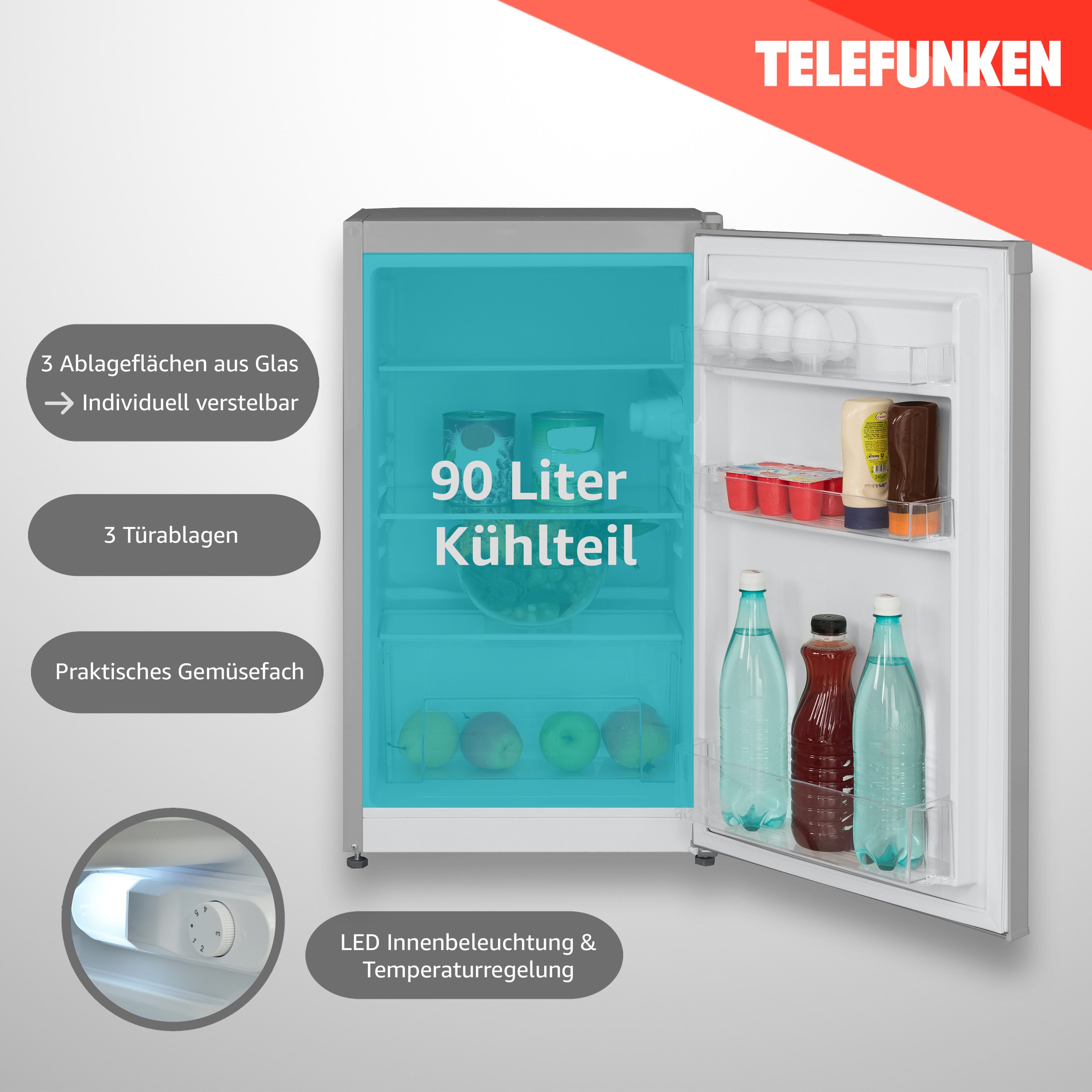 Telefunken Kühlschrank CF-31-121-S, 82.1 cm hoch, 48 cm breit, Ohne Gefrierfach, Freistehend, 90 Liter Nutzinhalt, Klein, Silber – Bild 3 von 5