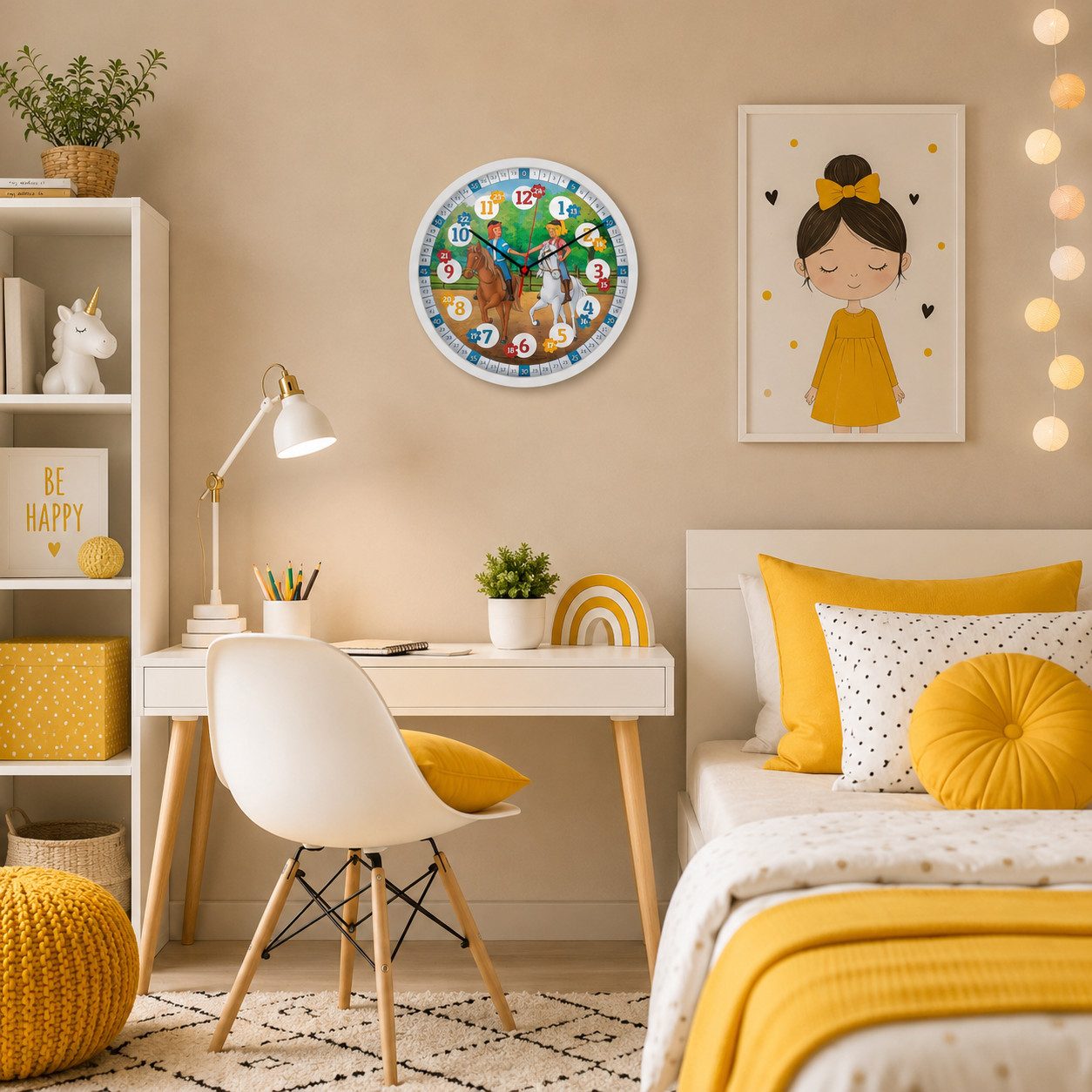 K&L Wall Art Wanduhr Bibi & Tina Wanduhr Kinder Lernuhr mit Lernzifferblatt (lautlose Kinderuhr mit Quarz Uhrwerk ohne Ticken)