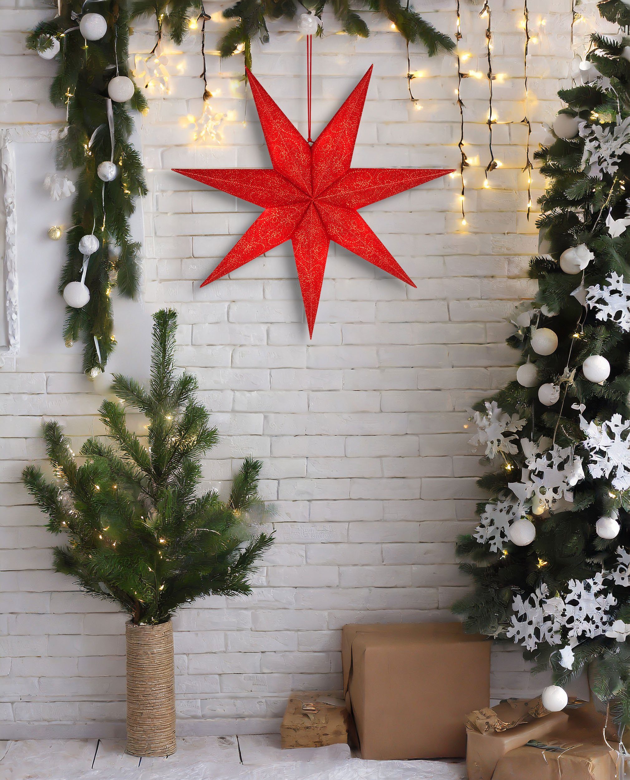 BRUBAKER LED Stern 60 cm - mit Warmweiß, Innen Hängend, Fensterdeko integriert, Rot fest Batterie LED Beleuchtbar und Weihnachten, zum für LED Aufhängen Weihnachtsdeko Weihnachtsstern für für Adventsstern Leuchtstern