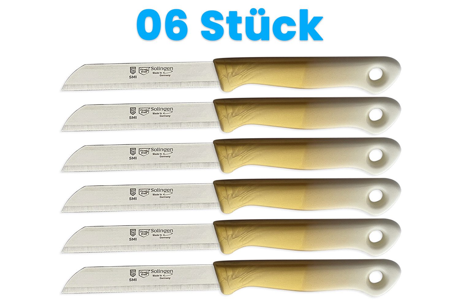 SMI Gemüsemesser 6-tlg Solingen Schälmesser Gemüsemesser Set Obstmesser Küchenmesser, Klinge mit Wellenschliff
