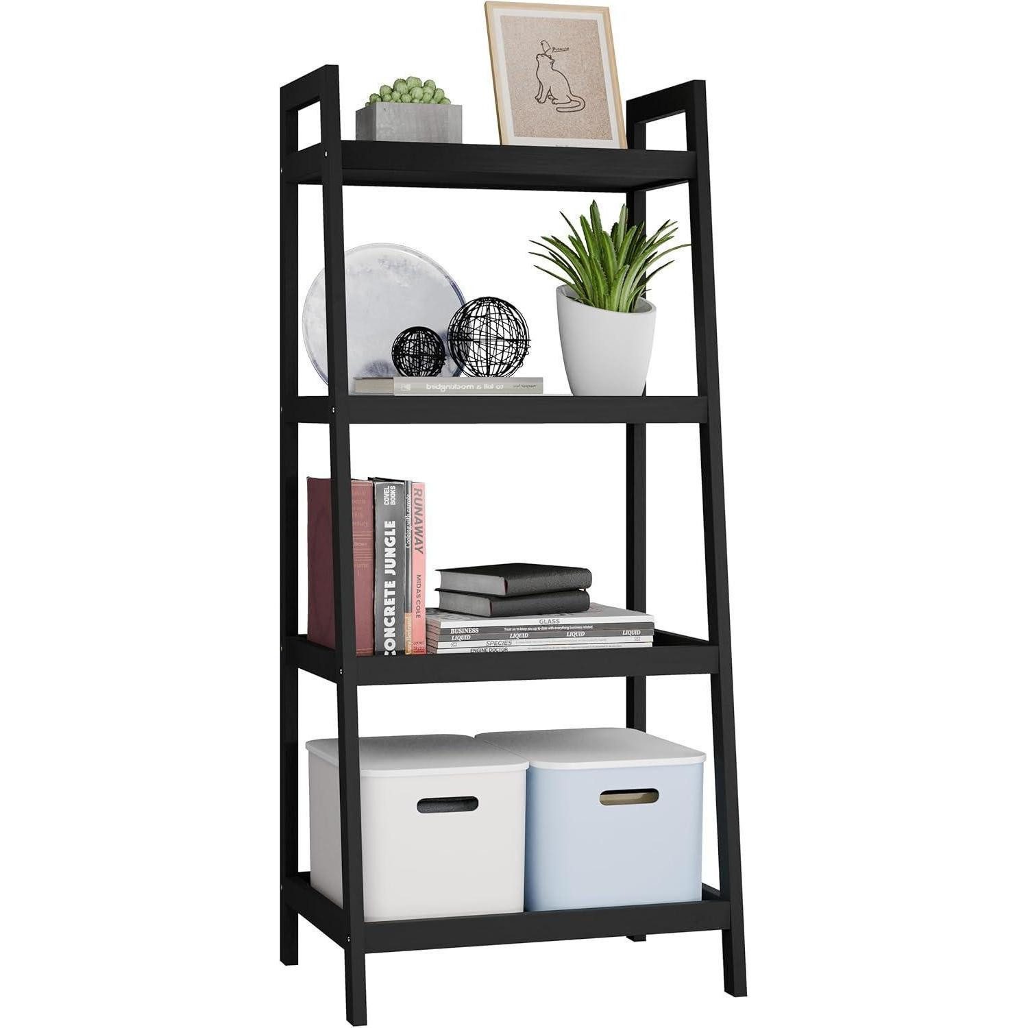 LuxusKollektion Leiterregal Leiterregal Bambus Bücherregal Badezimmer Schwarz 4 Ablagen (99cm H)