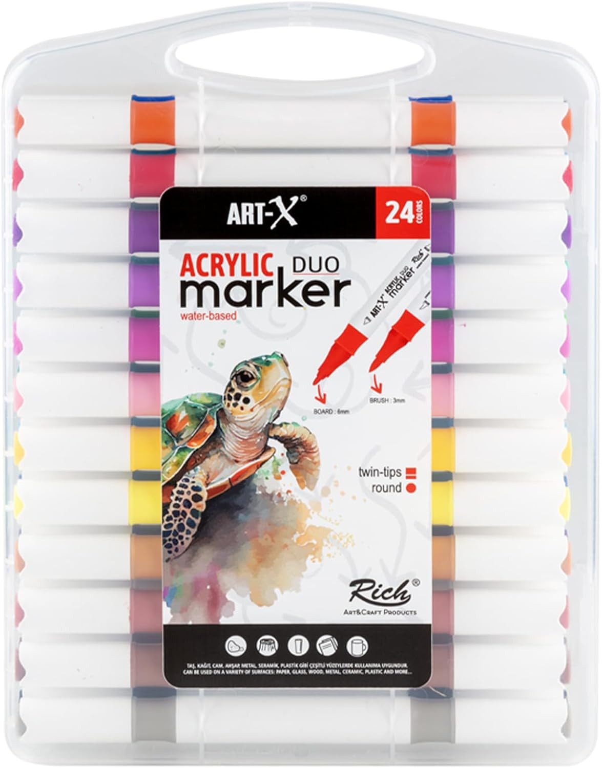 ART-X Marker Acryl Marker Set - 24 Farben, Doppelspitzen, Für Künstler & Hobby, (Doppelspitzen-Marker-Set, 24 Farben, doppelseitig mit feiner und breiter Spitze), Wasserbasis; Ungiftig; Schnelltrocknend; Doppelseitig