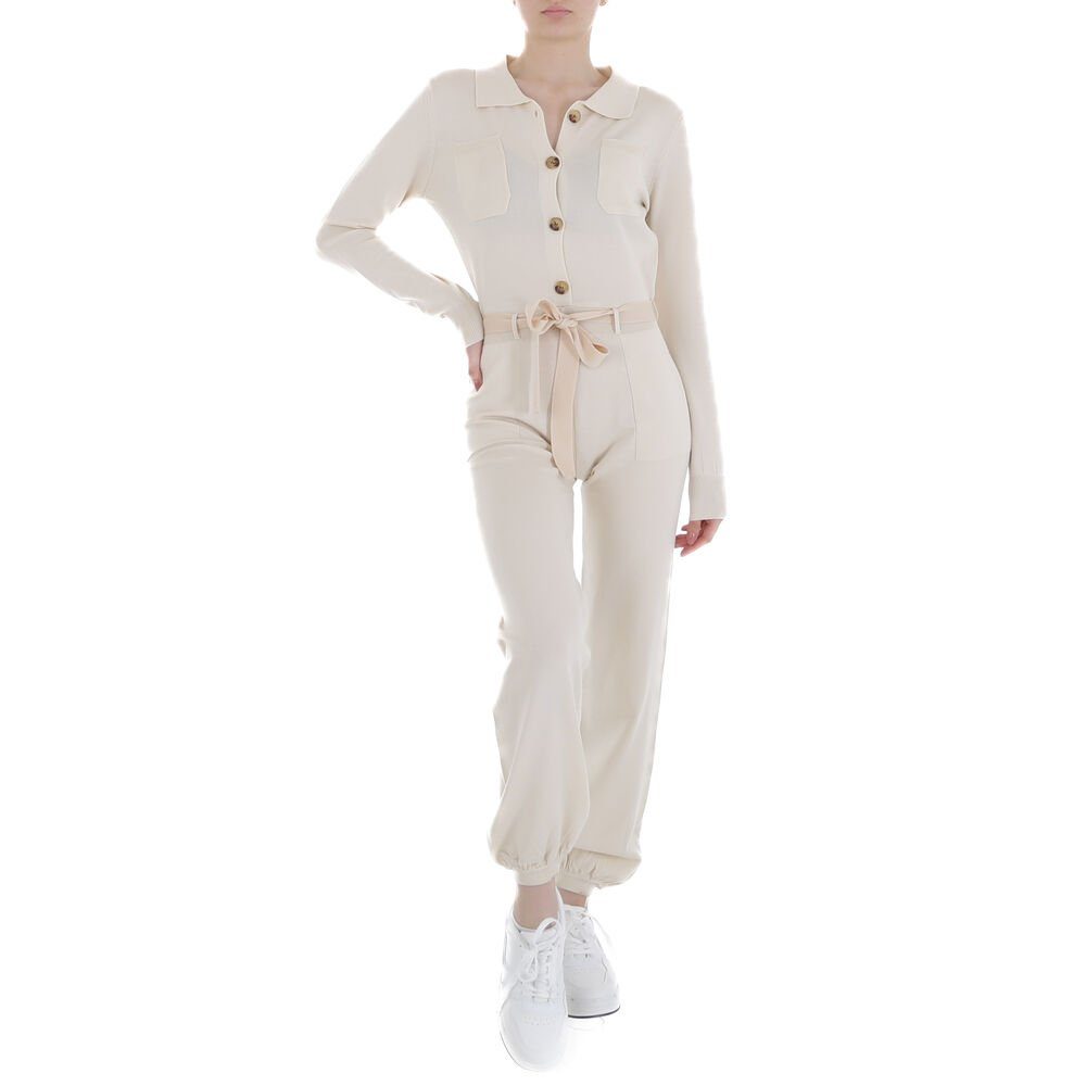 Ital-Design Overall Damen Freizeit Stretch Langer Jumpsuit in Creme