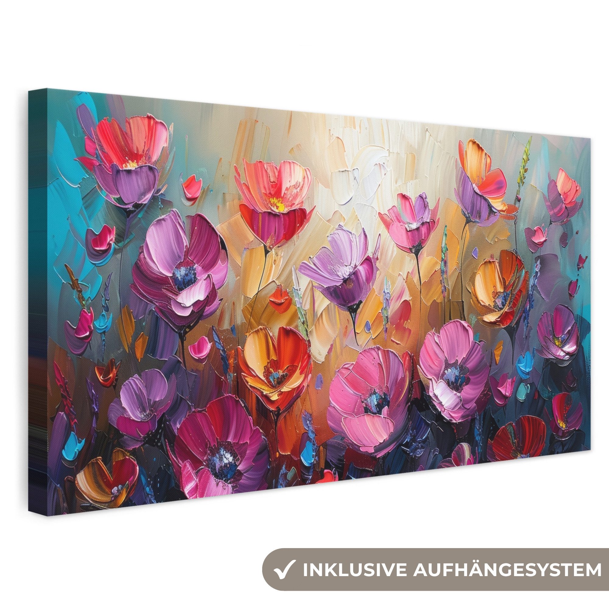 OneMillionCanvasses® Leinwandbild Panorama Blumen - Lila - Farbenfroh - Handbemalt - Kunst, Fotodruck (1 St), Wandbild, Deko Schlafzimmer Wohnzimmer Flur 40x20 cm