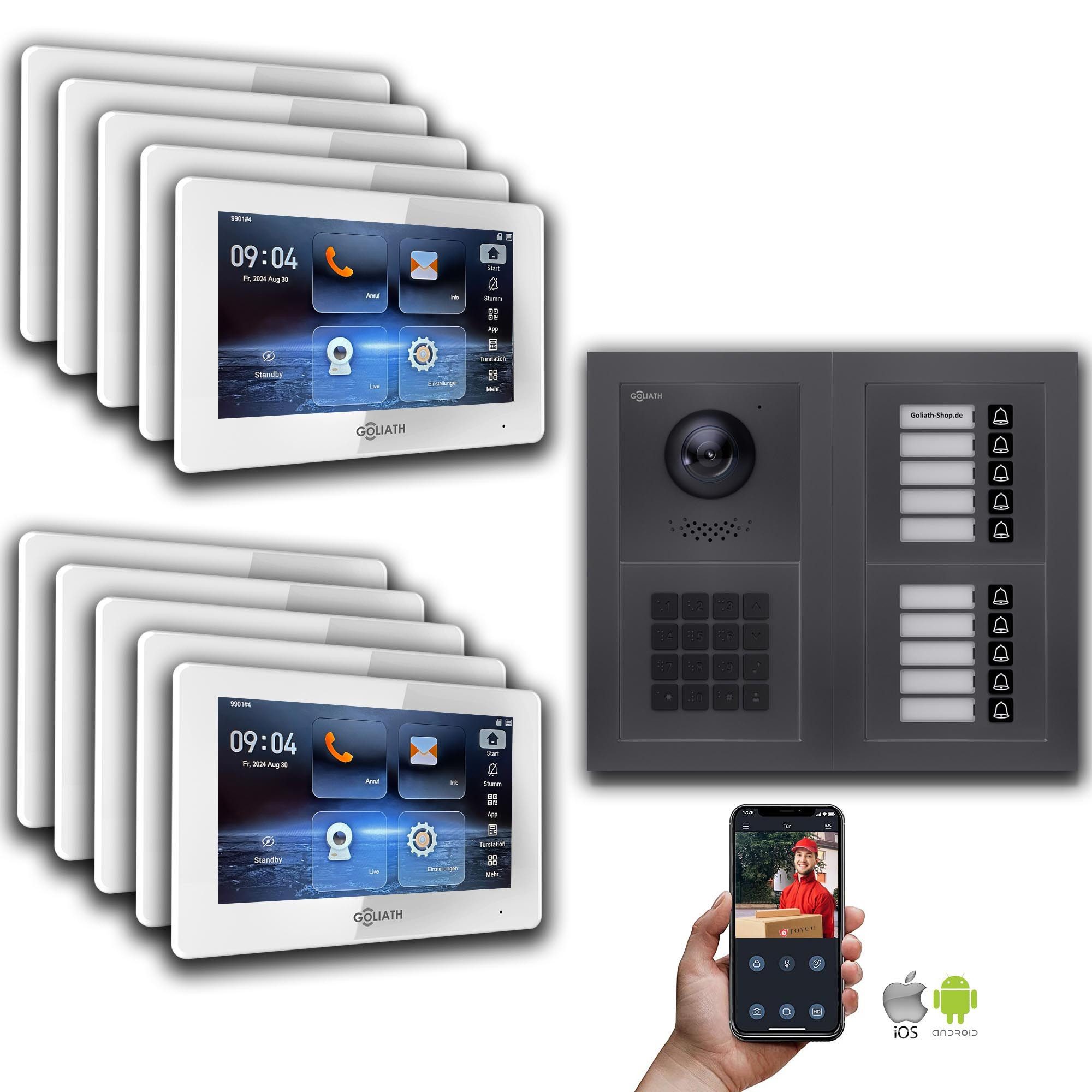 Goliath Intercom Video-Türsprechanlage Goliath IP Video Türsprechanlage: 7-Zoll 10 Familienhaus, Zahlencode, (Privat oder Gewerblich)