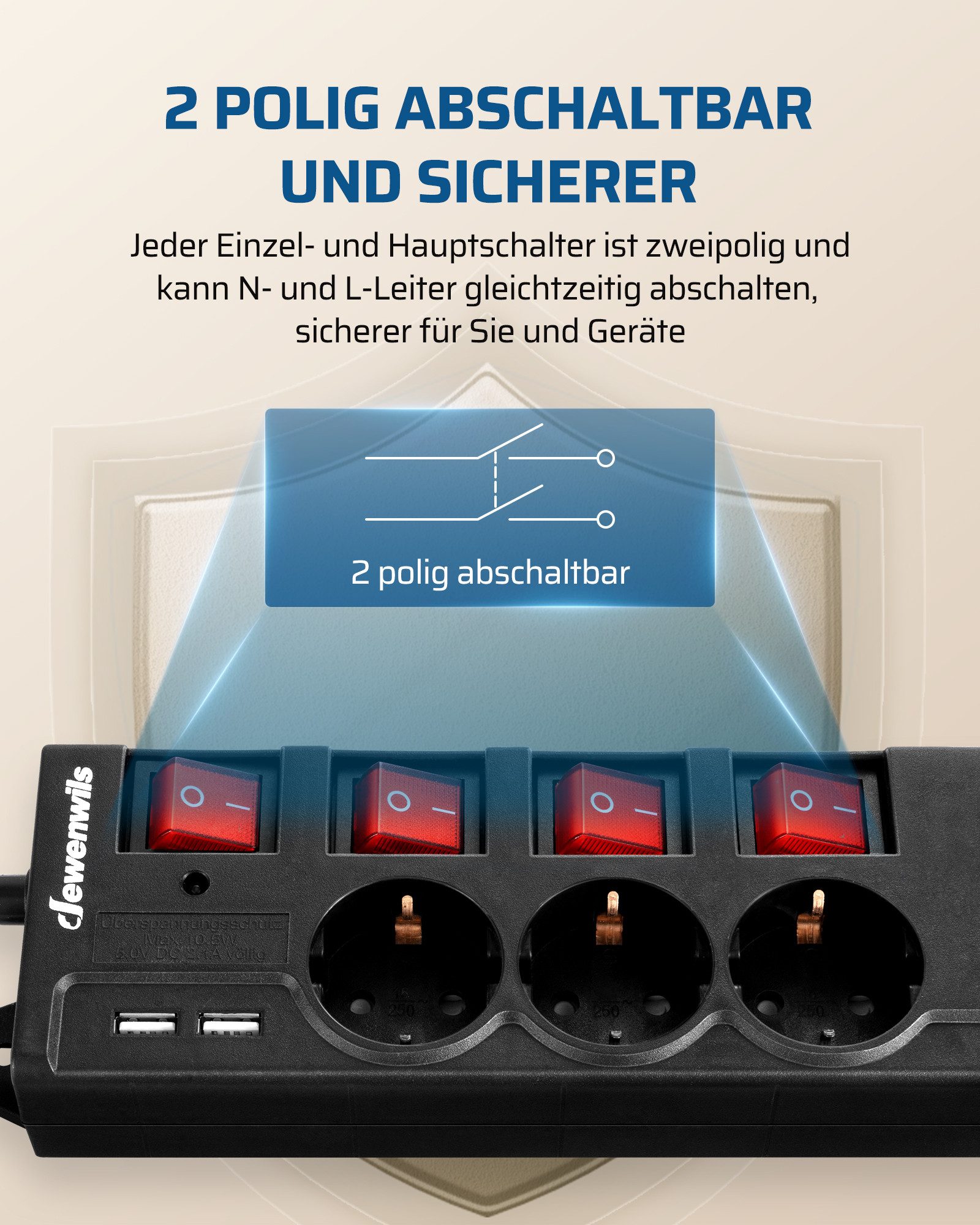 DEWENWILS Steckdosenleiste 6-fach (einzeln schaltbar, USB-Anschlüsse, Kindersicherung, Überspannungsschutz, Kabellänge 2 m), Mehrfachsteckdose mit USB, 16A/3680W