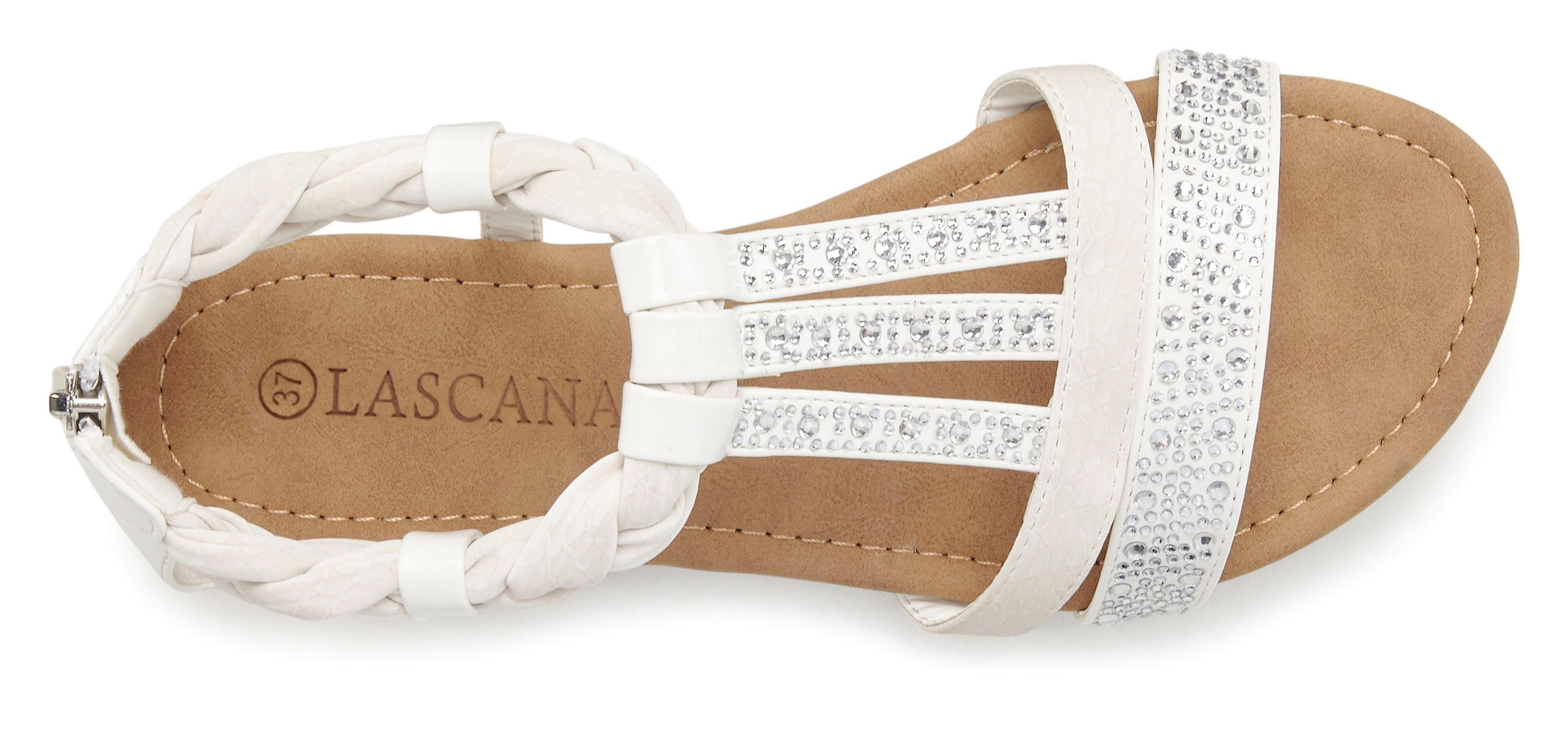 LASCANA Sommerschuh, Sandalette Sandale mit Glitzersteinen und kleinem Keilabsatz im Festival-Look VEGAN