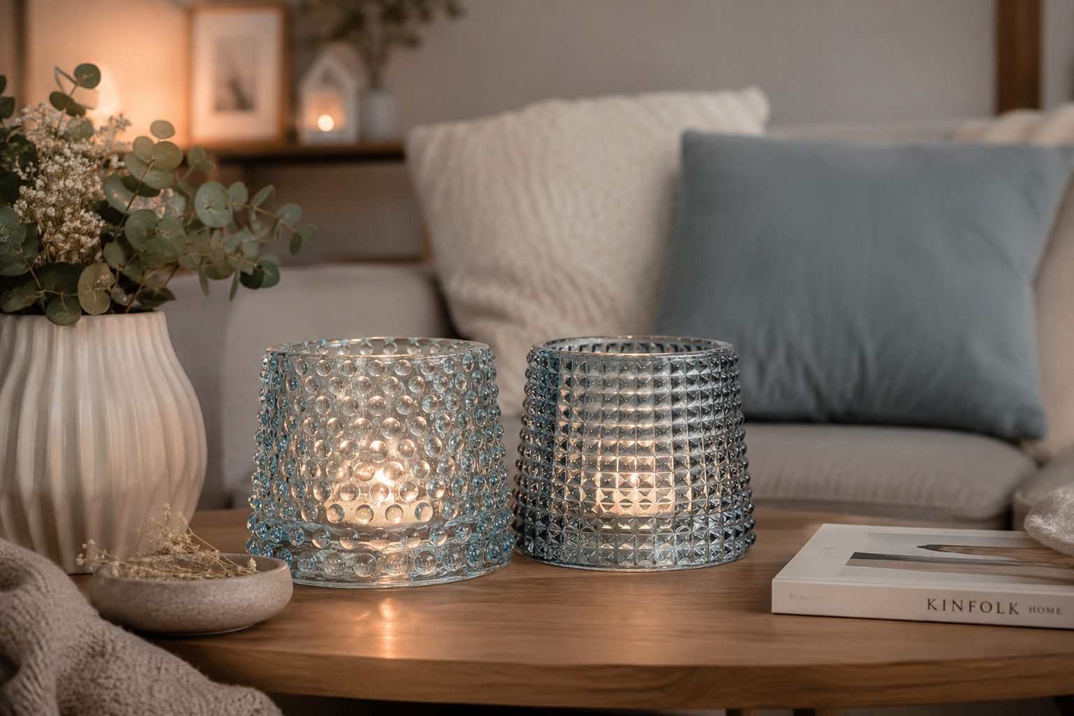 finehomegarden Windlicht Teelichthalter 2farbig .sort. Maritim Glas grau/blau Ø8cm H7cm (2 St), Kerzenglas Sommer Dekoration / Paket