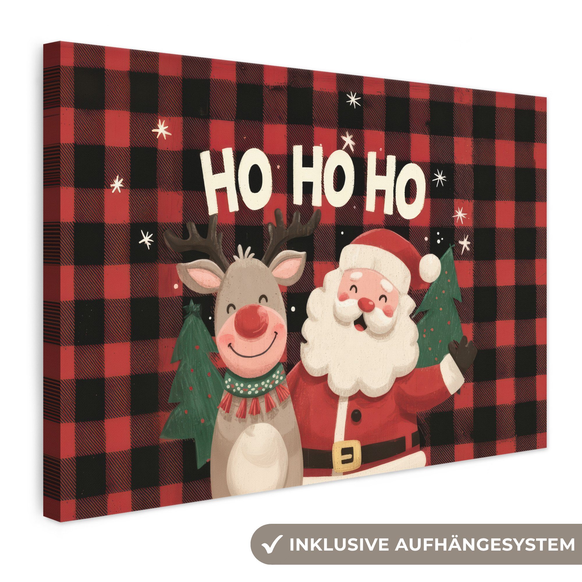 OneMillionCanvasses® Leinwandbild Weihnachtsmann - Rentier - Text - Rot - Schwarz, Fotodruck (1 St), Leinwand Bilder Klein, Wand Dekoration Aesthetic 30x20 cm