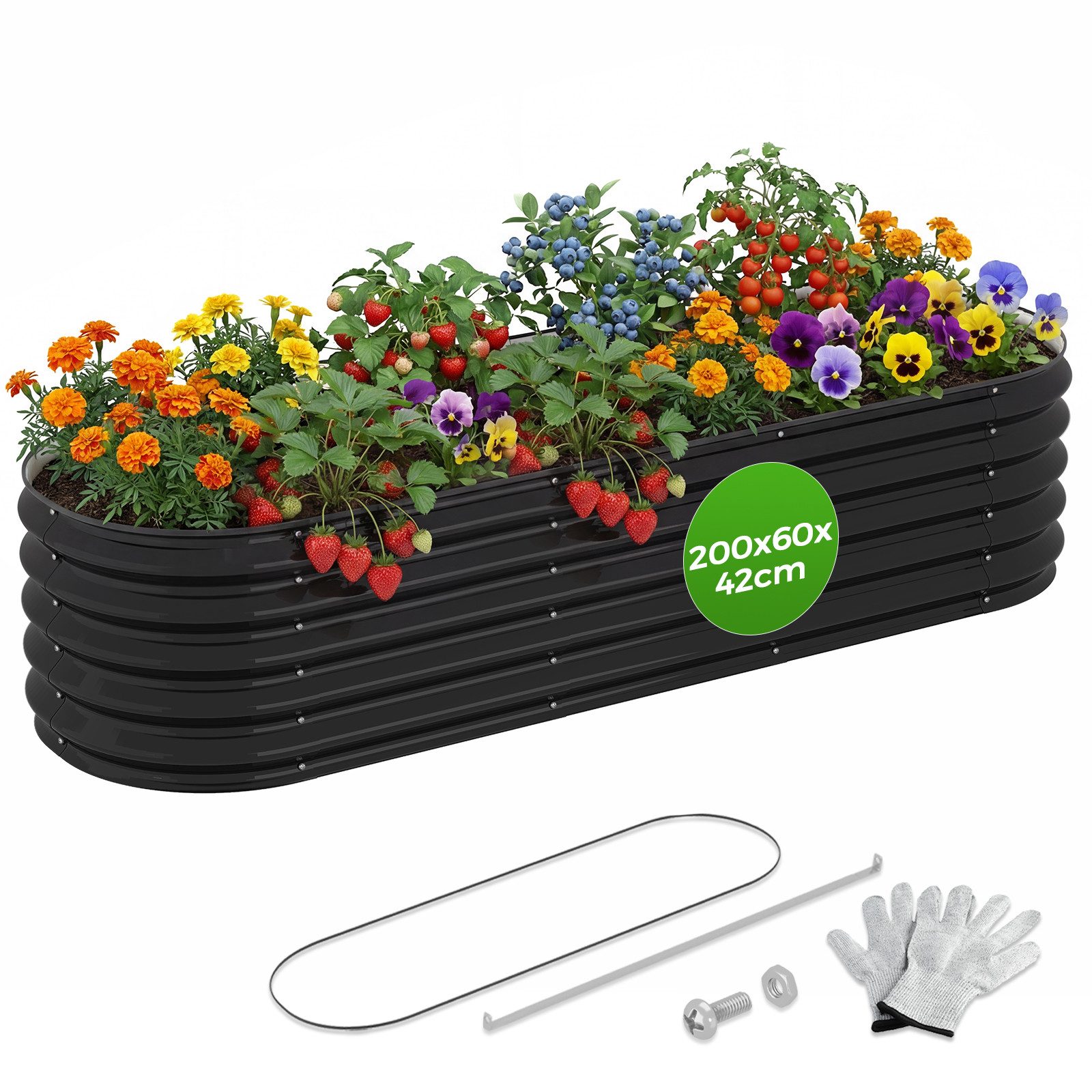 Hausright Hochbeet Metall Gartenbeet, Ovaler Pflanzenkaste, Wetterfest Gemüsebeet (für Garten Balkon, Kantenschutz, Handschuhen, Werkzeug und Montagematerial geliefert), BxTxH: 200x60x45 cm, Stahl Rostfrei & Verzinkt, mit Kantenschutz