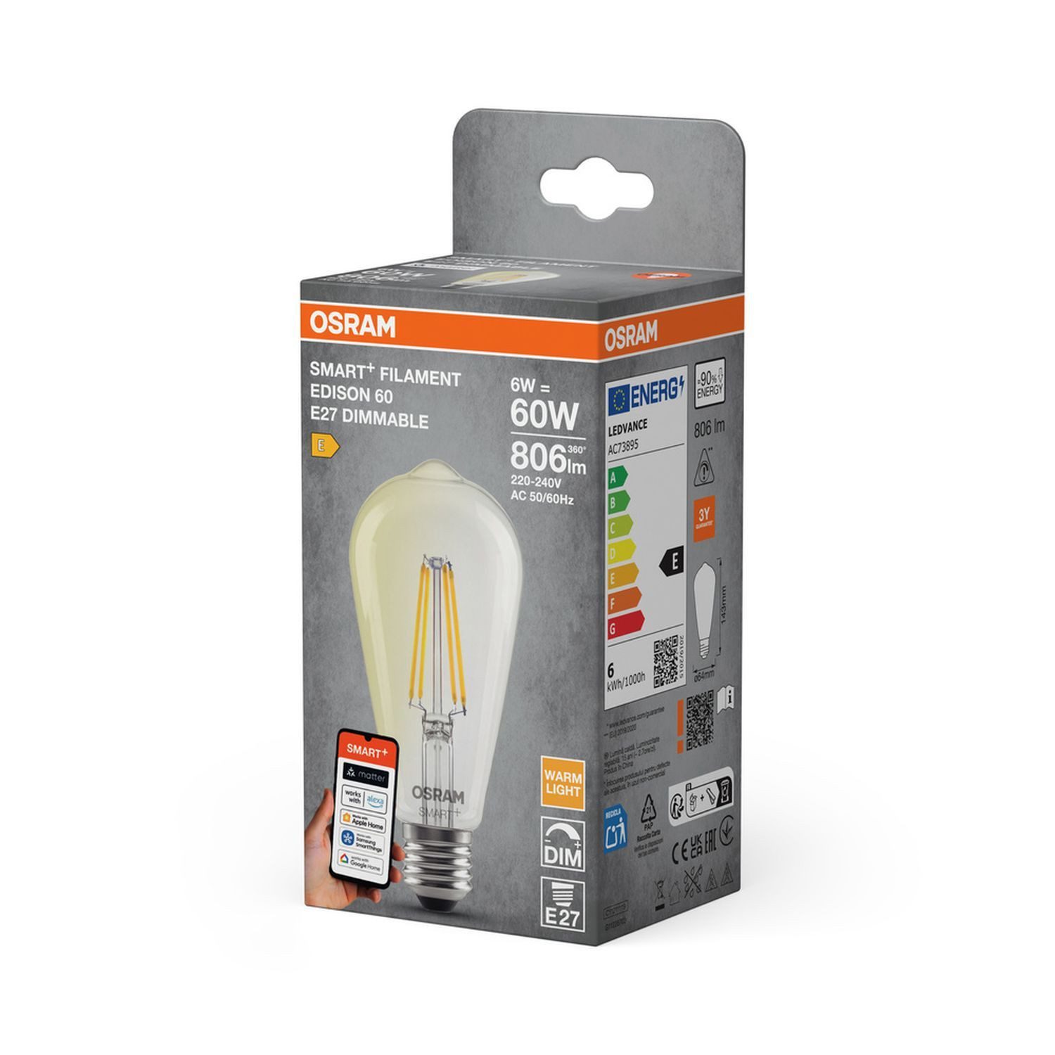 Licht-Erlebnisse LED-Leuchtmittel LAMP, E27, Warmweiß, Edison Lampe E27 Smart 2700 K 806 lm warmweiß dimmbar via App