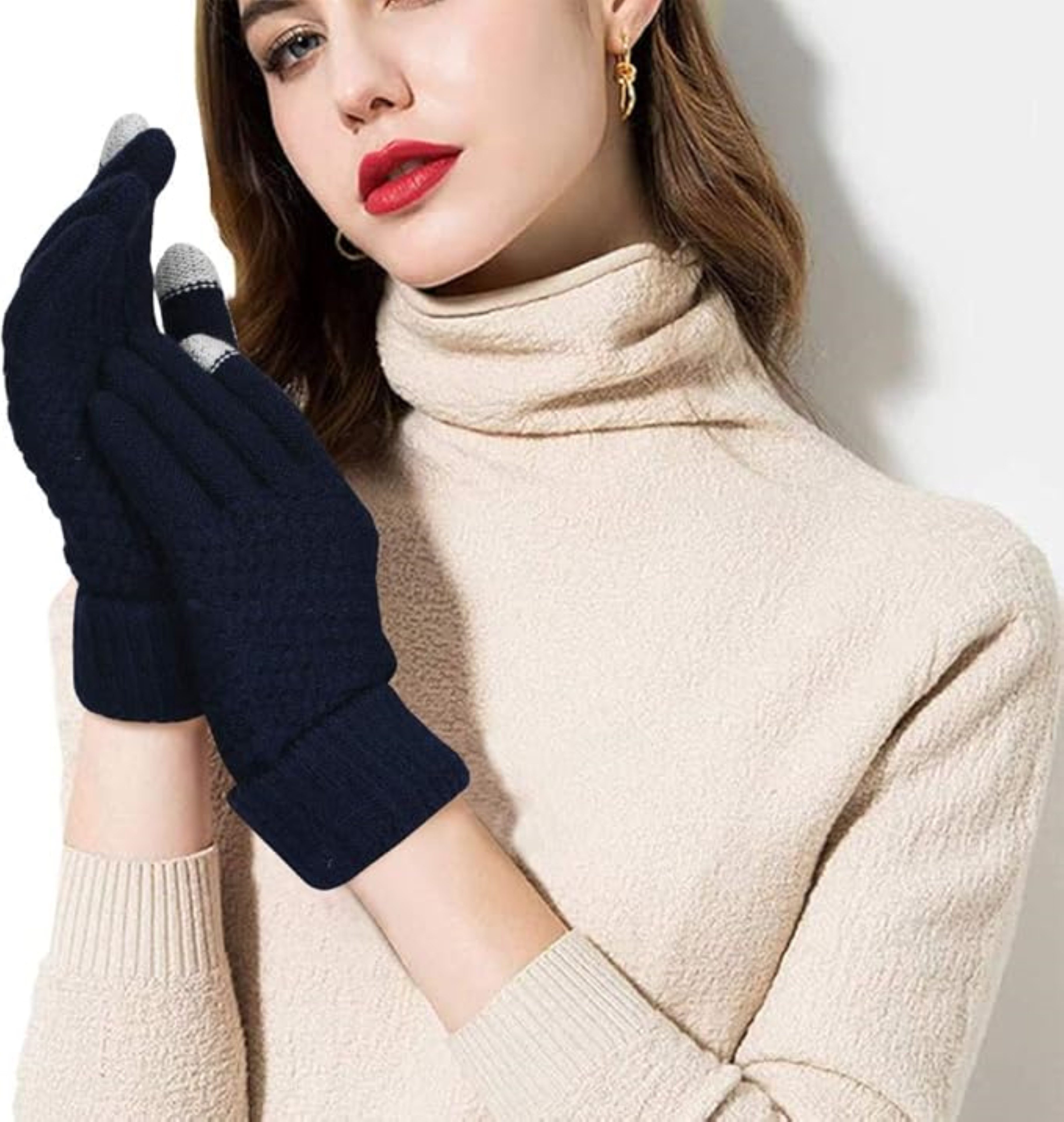 LA CUTE Strickhandschuhe Winterhandschuhe Strick warm Touchscreen Outdoor-Einsatz Blau (Winterhandschuh-Set mit Touch-Funktion & Isolierung, 1 Paar Damenhandschuhe – ideal für kalte Wintertage) Touchscreen-fähig & winddicht – ideal für Outdoor im Winter