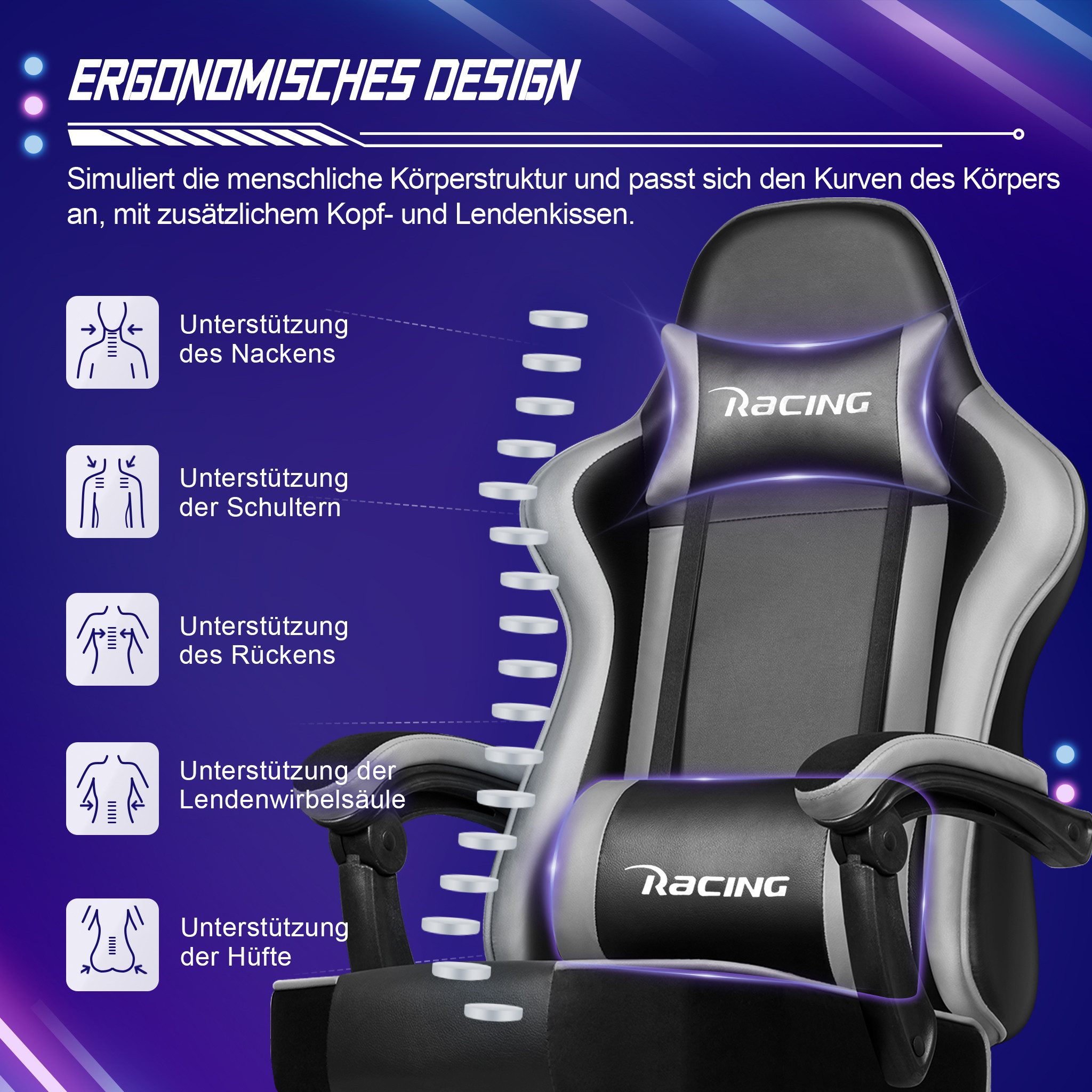 Homimaster Gaming-Stuhl Gaming Stuhl Ergonomischer Gaming Chair mit 170° Rückenlehne (Gaming Chair mit Fußstütze,Verstellbarem Lenden- & Kopfkissen), 10 cm höhe – Bild 4 von 5