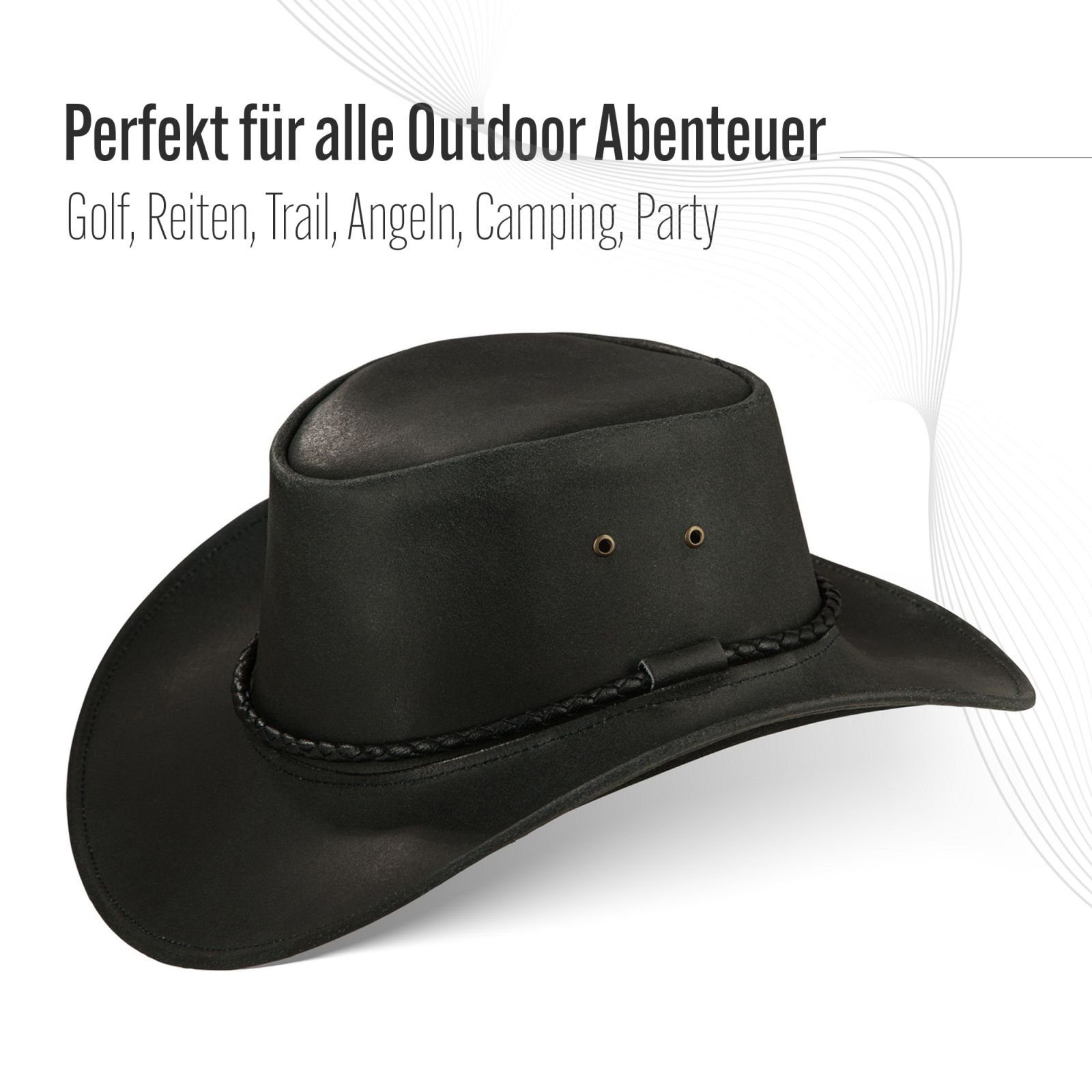 BLACK FOREST FOX Cowboyhut Western Cowboy Rindsleder Hut Herren JERO in 3 Farben Schwarz Größe L