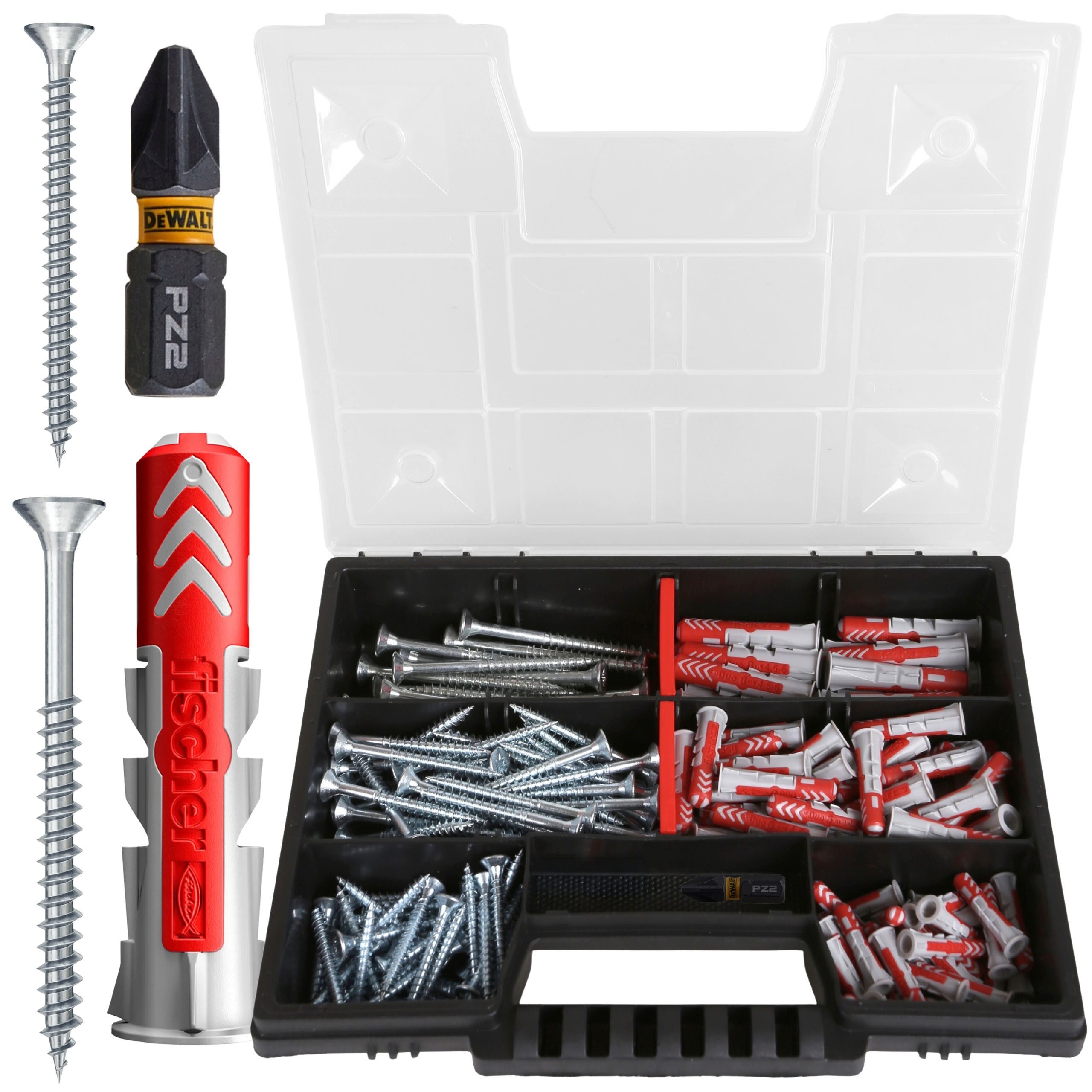 fischer Schrauben- und Dübel-Set Fischer DuoPower Dübel-Set + DeWalt PZ2 Bit, Profi-Box, 201 Teile