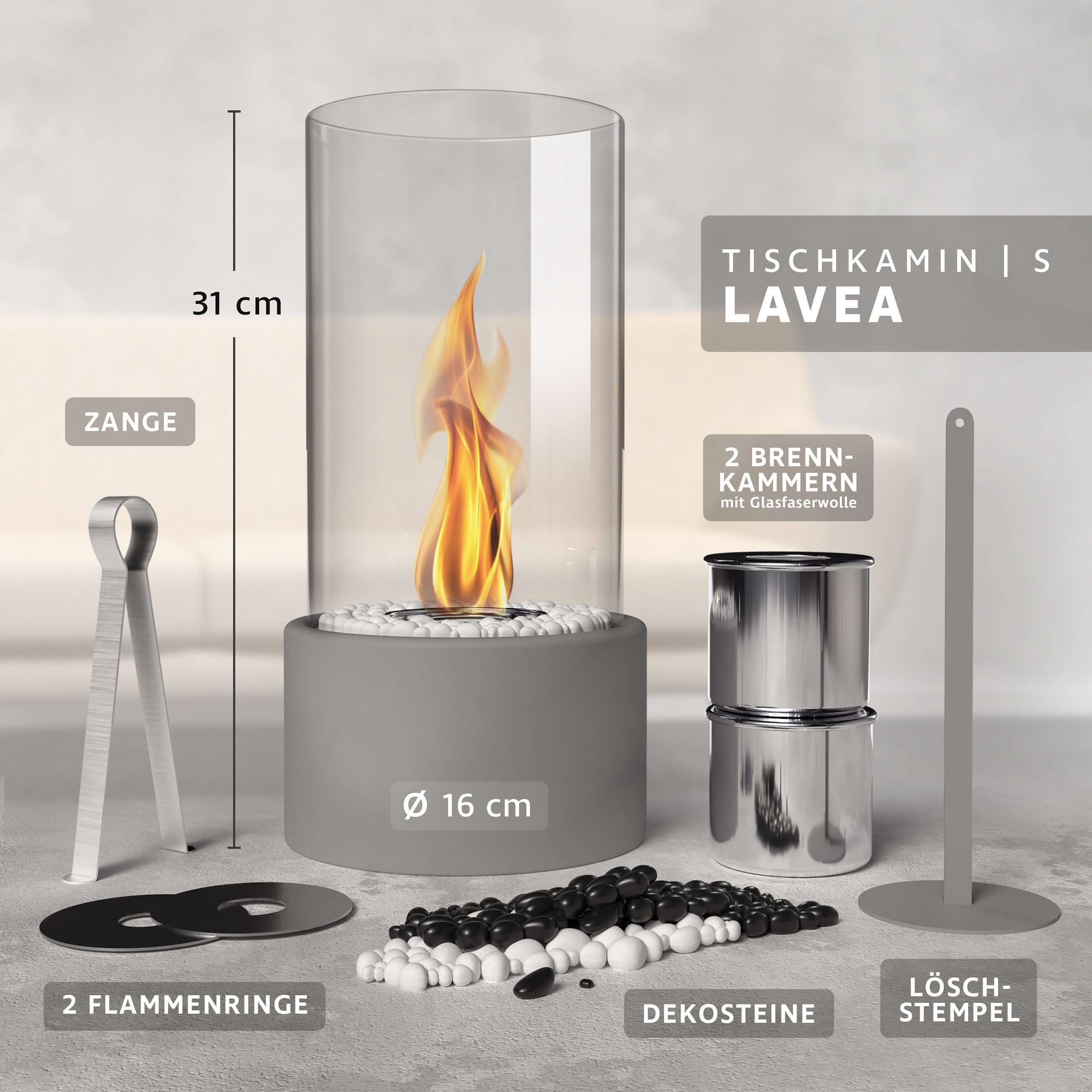 Monster24 Tischfeuer Bio-Ethanol Tischkamin für Indoor & Outdoor, Echtfeuer-Dekokamin (Höhe 31 cm / Durchmesser 16 cm)