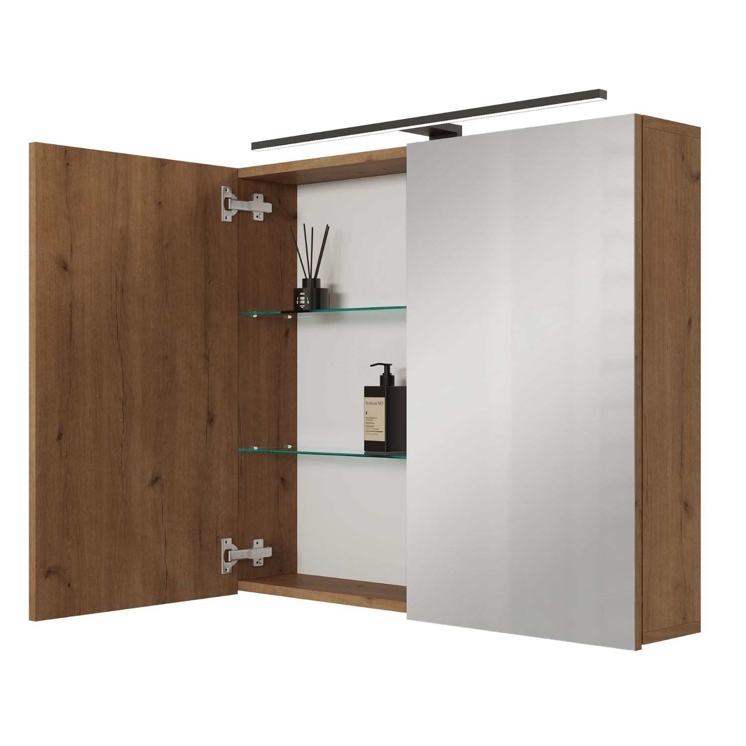 Planetmöbel Spiegelschrank ARIA Badschrank 80 cm mit Beleuchtung & Steckdose, Glaseinlegeböden (Spiegelschrank Bad mit Beleuchtung 80 x 70 x 16 cm, 3-St., Badspiegelschrank 2-türig) Steckdose für Elektrogeräte, LED-Aufbauleuchte 60cm