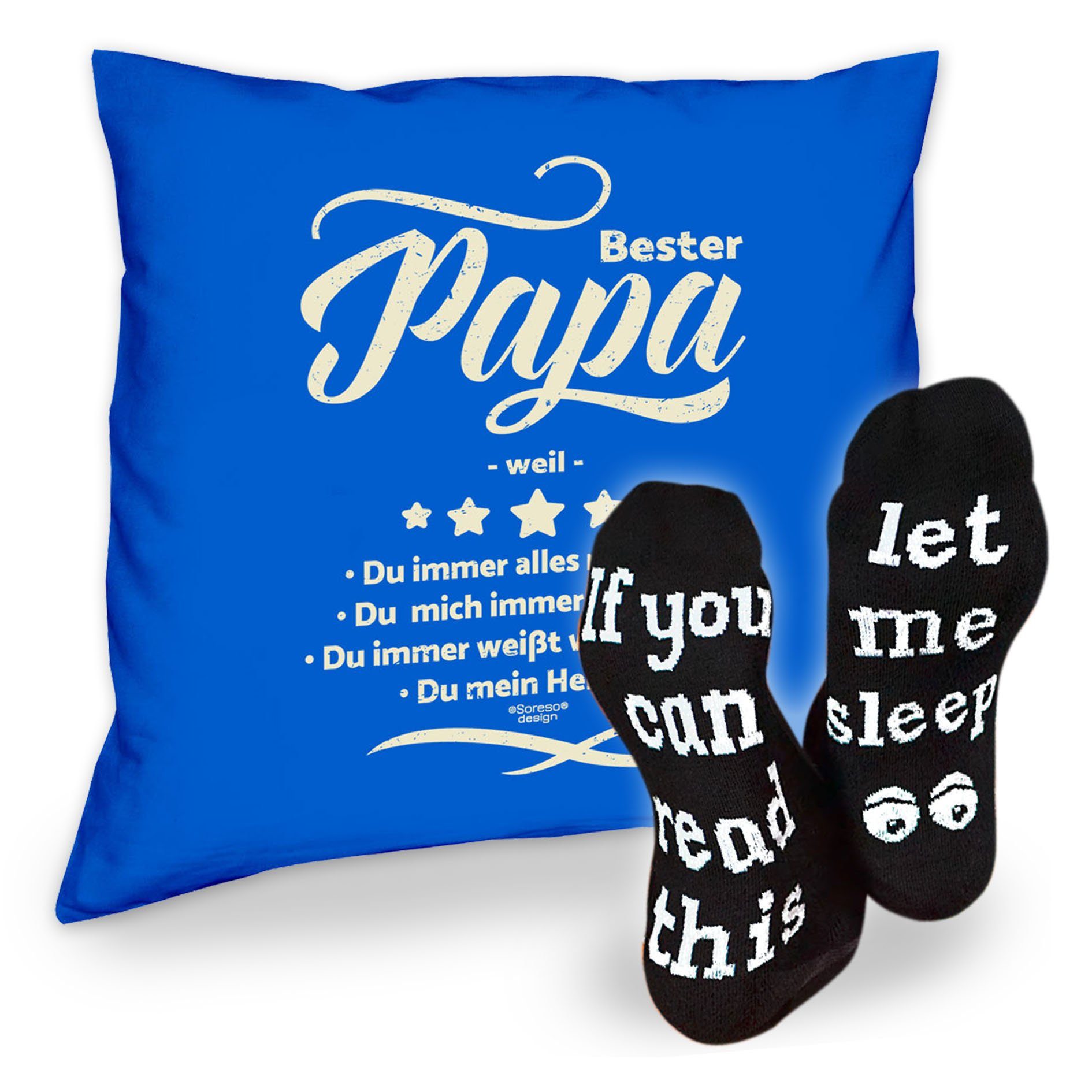 Soreso® Dekokissen Kissen Bester Papa weil & Sprüche Socken Sleep, Vatertagsgeschenk Papa Männer royal-blau