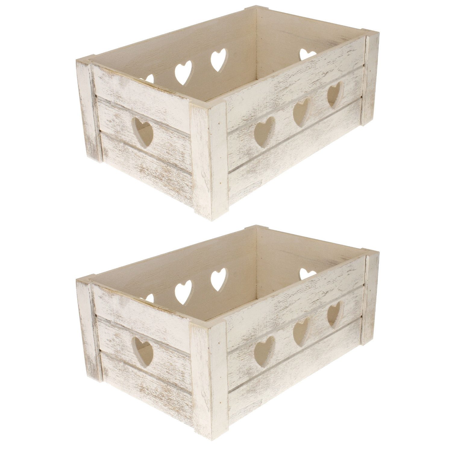 Macosa Home Dekokiste 2x Dekokiste Weiß Herzen Holz Holzkiste 29 cm Kiste (Aufbewahrungskisten Regalkisten, 2 St., 2er Set Holzkiste Landhaus)