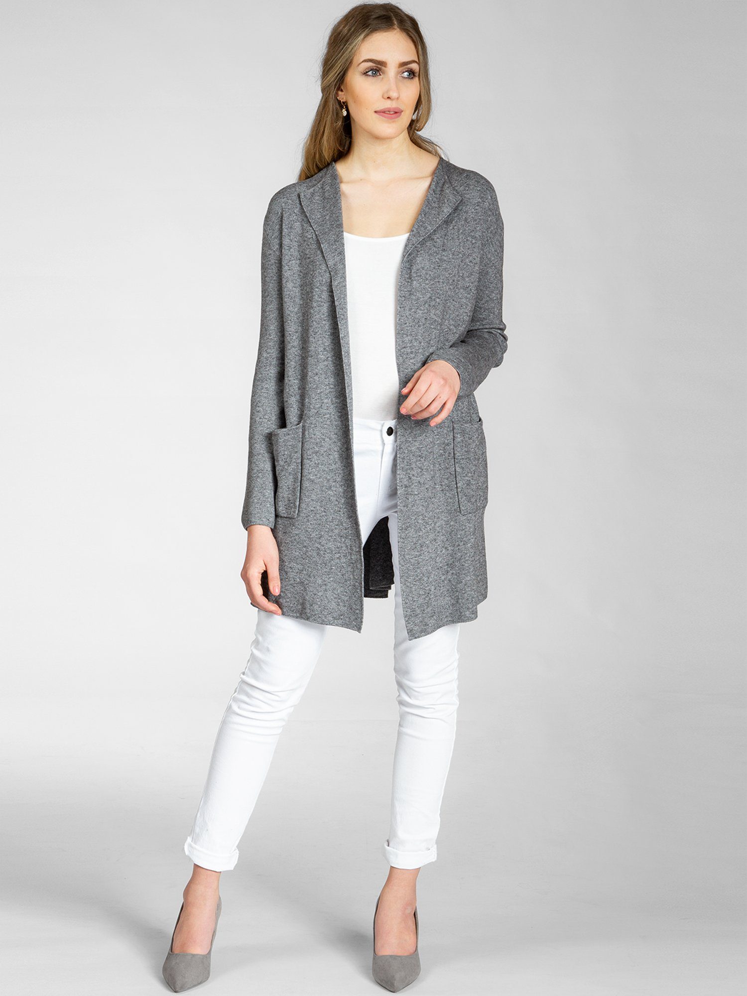 STJ023 Damen Cardigan sportlich meliert langer Caspar grau eleganter Strickjacke