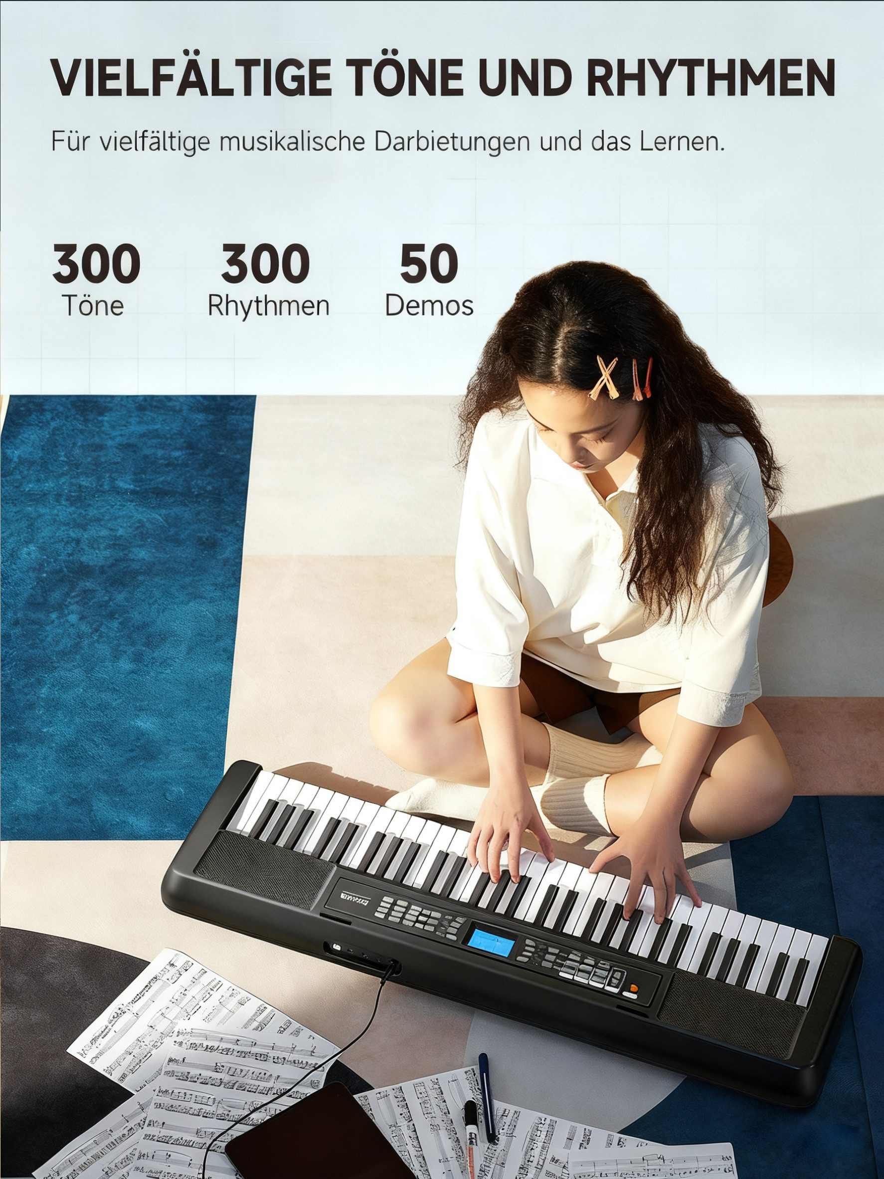 Donner Entertainer-Keyboard DEK-200 Keyboard, 61 Tasten, 300 Rhythmen mit Ständer & Mikrofon (Adapter, Mikrofon, Notenständer, Klavierbank, Klavierständer), Nachklang, Vibrato, Keyboard-Separation, Transponierung, Dual-Sound