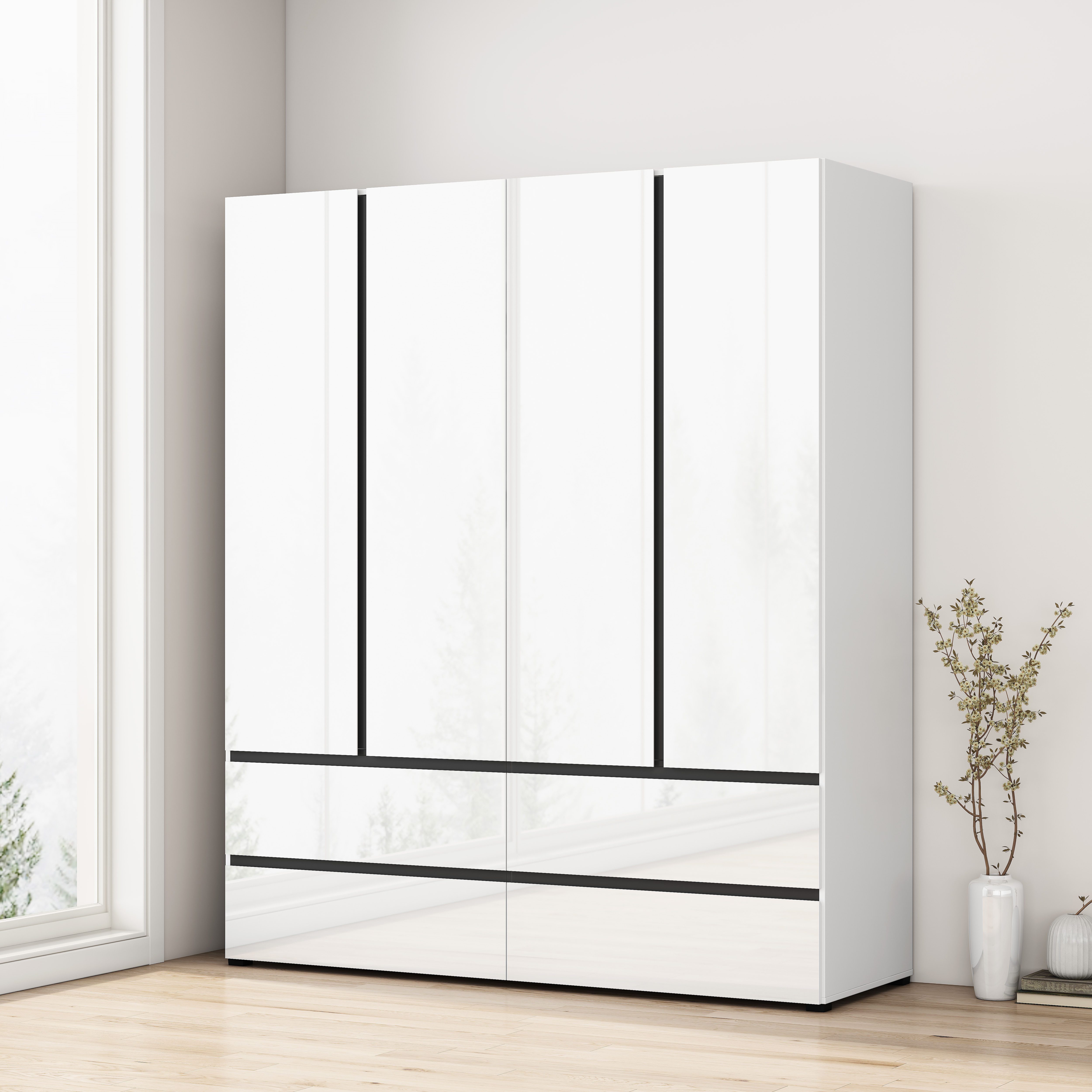 OTTO home Kleiderschrank Kollin Schlafzimmerschrank mit 4 Türen und 4 Schubladen Garderobe (Extra Schrankhöhe von 2,10m für mehr Ordnung und Übersicht) Drehtürenschrank mit perfekter Innenausstattung, hochglanz Fronten