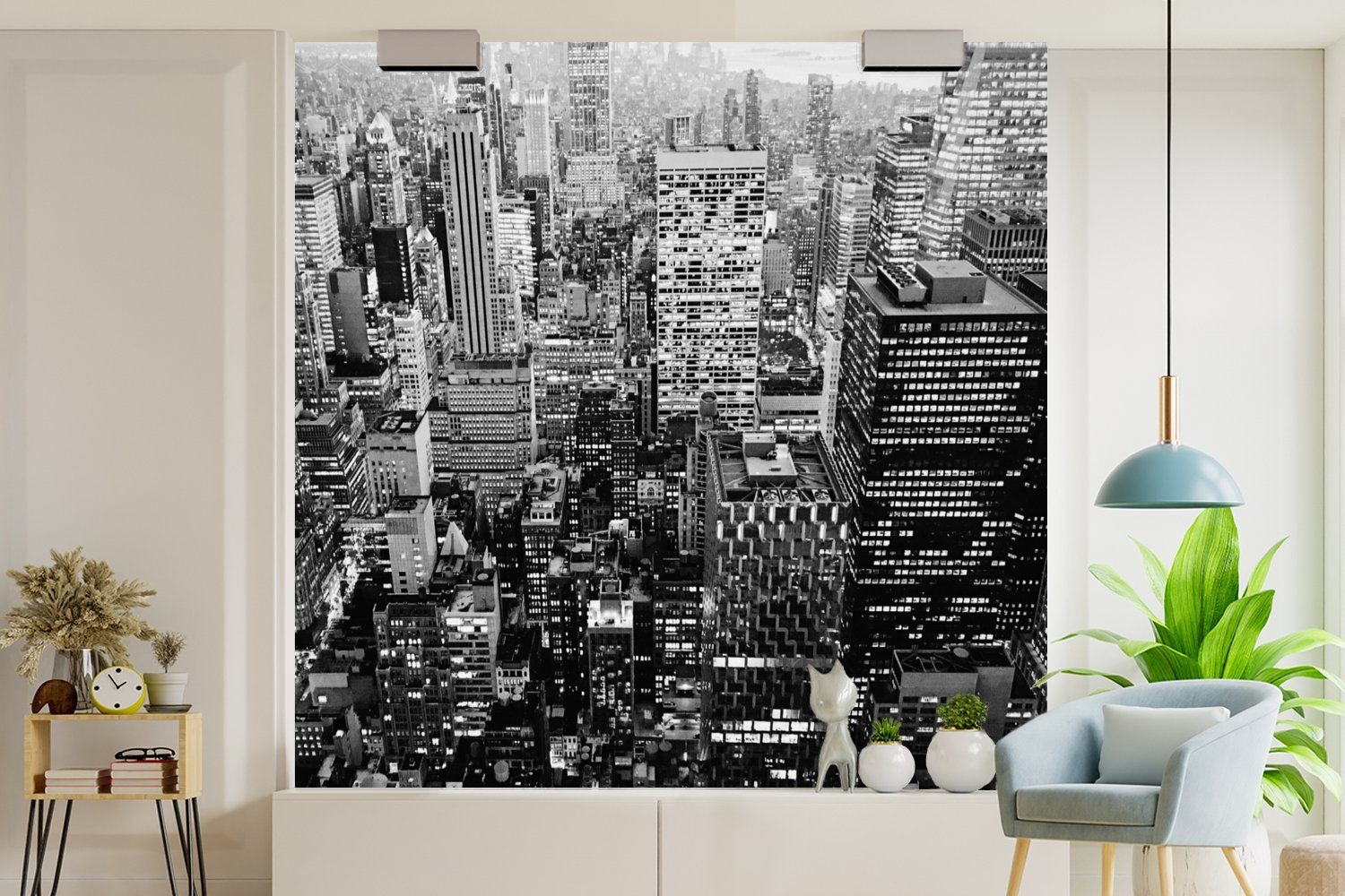 bedruckt, Fototapete Tapete weiß, und Wohnzimmer für Wandtapete Matt, oder Schlafzimmer, schwarz - St), Manhattan Vinyl von (5 Luftaufnahme MuchoWow