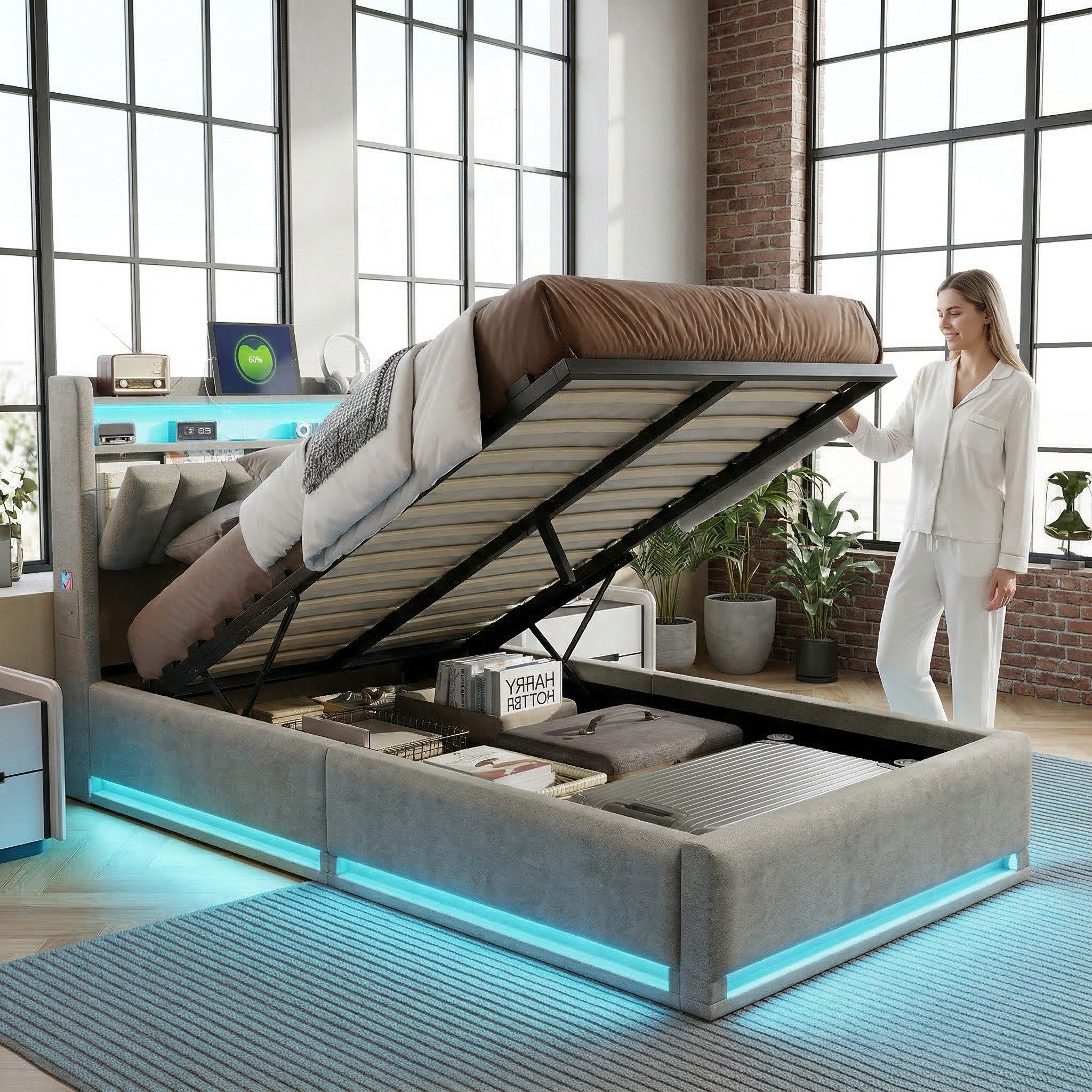 PXloue Polsterbett LED Doppelbett, Bettkasten, Ladefunktion, Samt, 90x200 cm