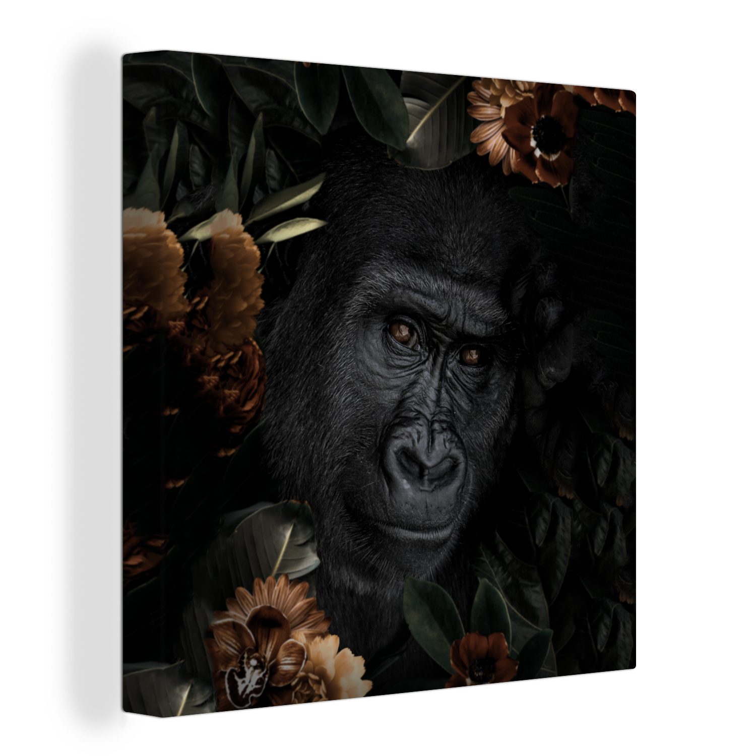 OneMillionCanvasses® Leinwandbild Affe - Tiere - Blumen - Schwarz, (1 St), Leinwand Bilder für Wohnzimmer Schlafzimmer