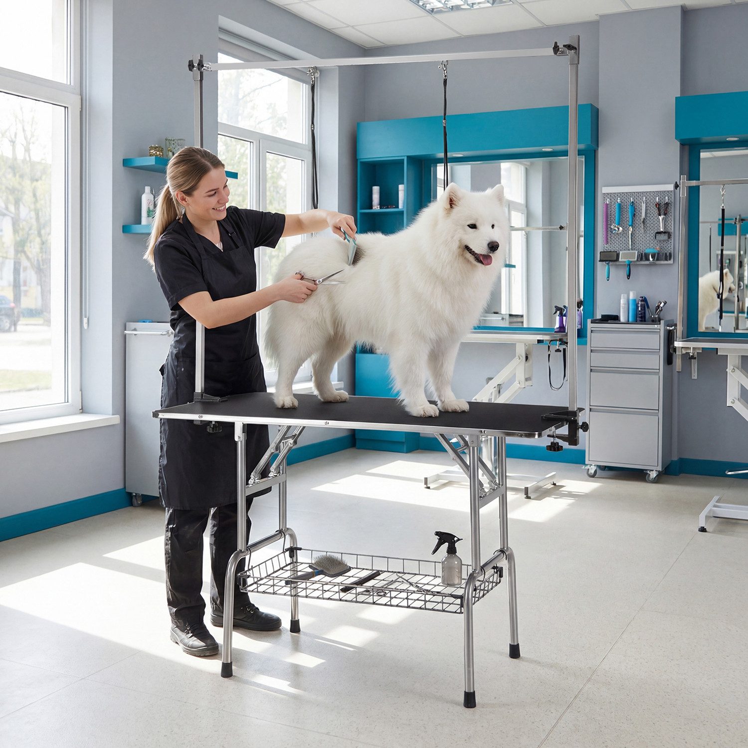 oyajia Hundeschermaschine Tierpflegetisch, Schertisch, höhenverstellbar,Arbeitstisch, für die Pflege kleiner bis mittelgroßer Haustiere 113.5*61*177-183.5cm