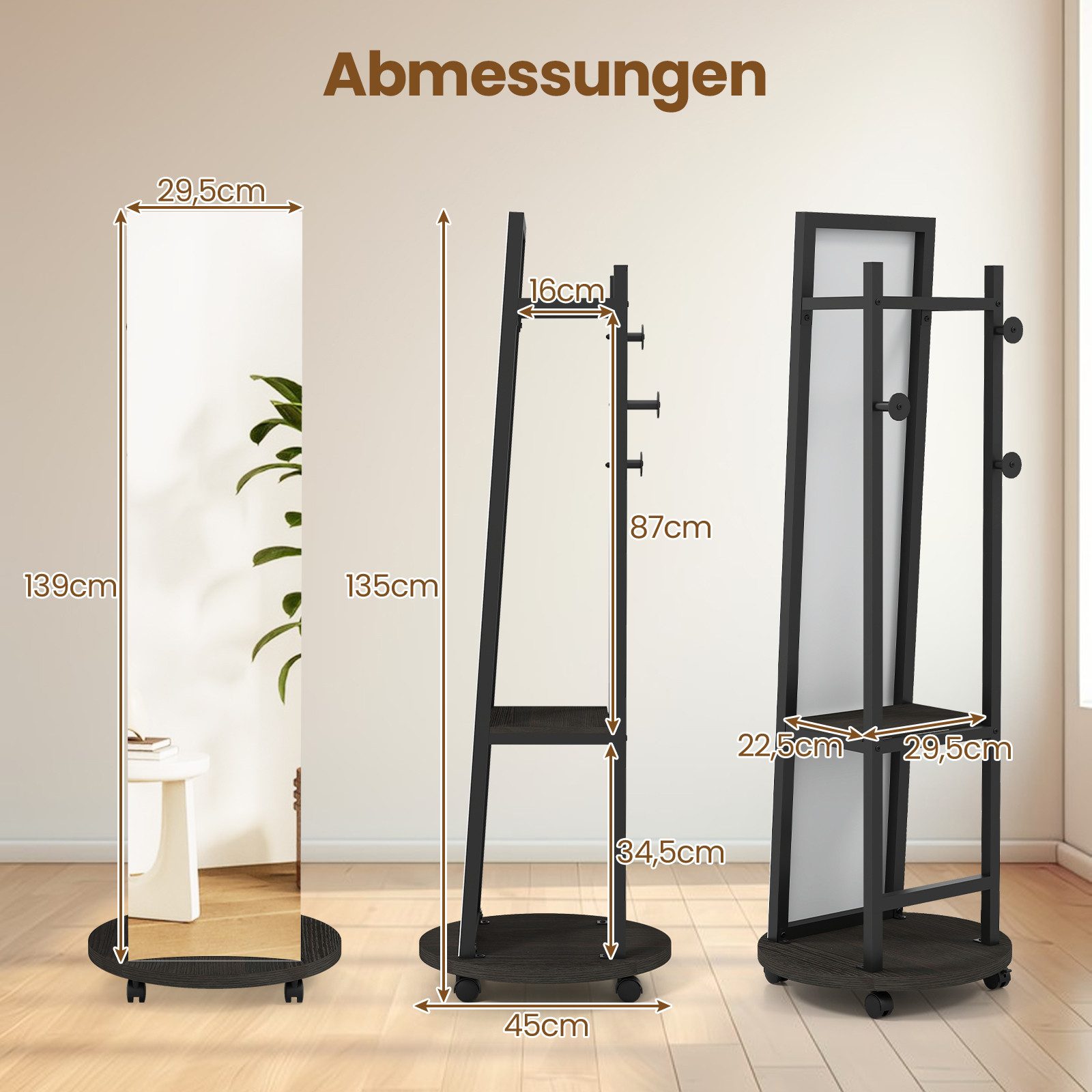COSTWAY Kleiderständer, mit Ganzkörperspiegel 2in1, Standspigel, mit Ablage