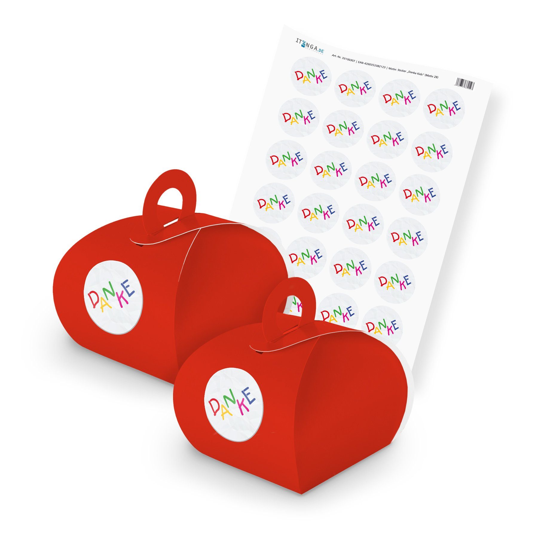 itenga DANKE itenga 28) Geschenkschachtel SET mit rot Griff 24x + Geschenkpapier Kids (Motiv