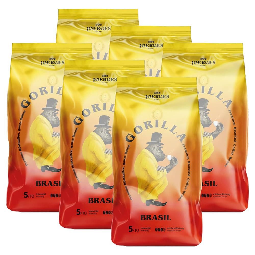 Gorilla Kaffee Joerges Kaffeebohnen 6x1kg Brasil mittel geröstet Bohnen, 6 x 1000 g, harmonische Balance zwischen Aroma und Säure